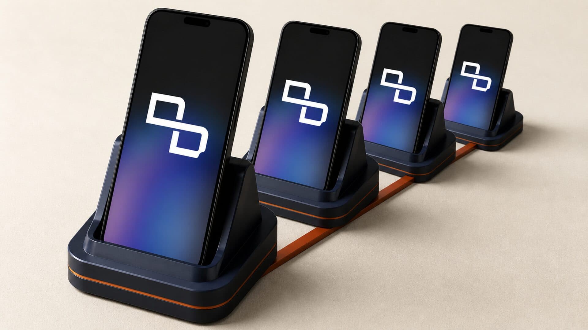 The real Don't Die app icon repeated across four phones on one connected deployment rail