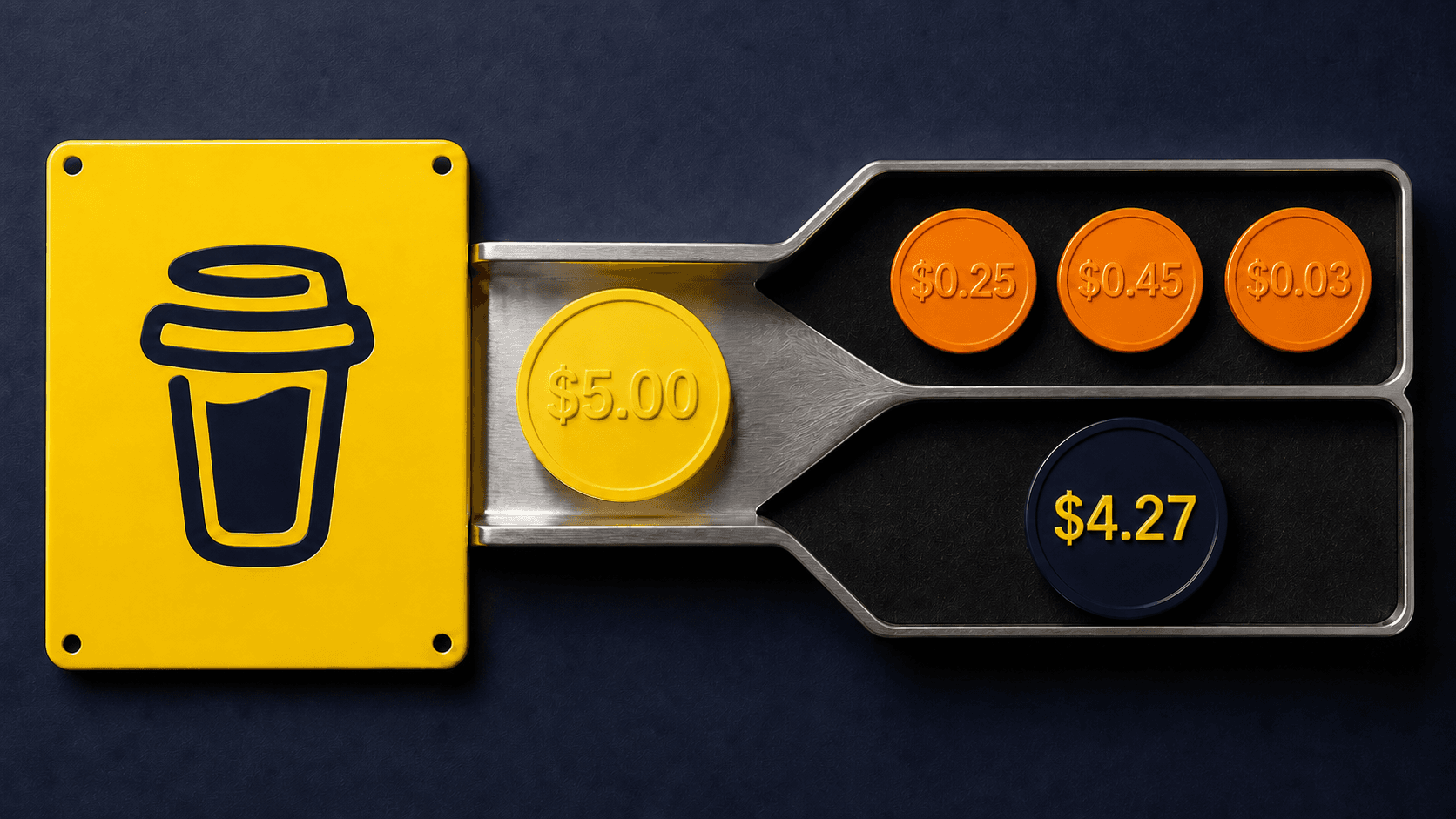 A five-dollar Buy Me a Coffee support token splitting into three exact fees and $4.27 for the creator