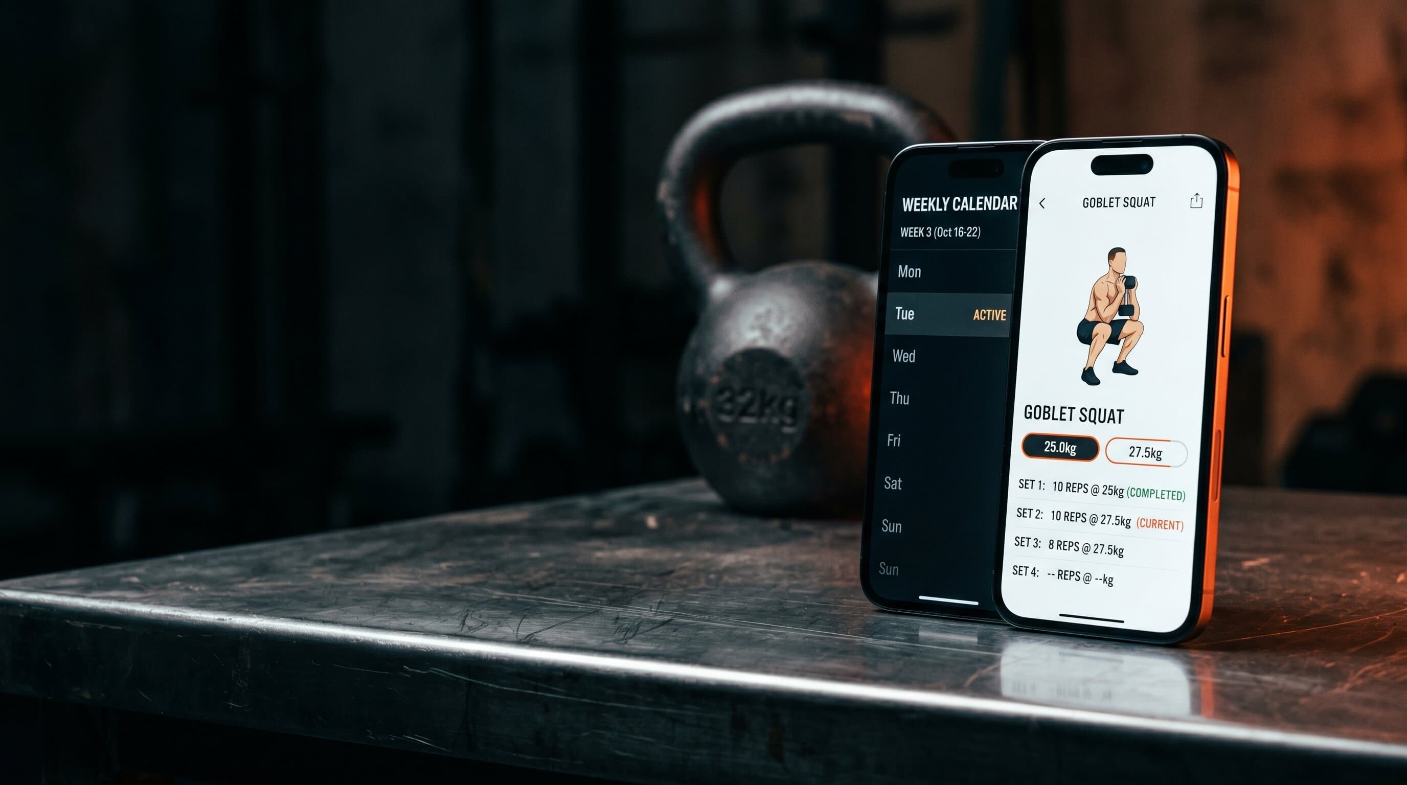 Phone mockup of a strength training app on a dark background with orange accent lighting, showing a workout program calendar and rep tracking interface