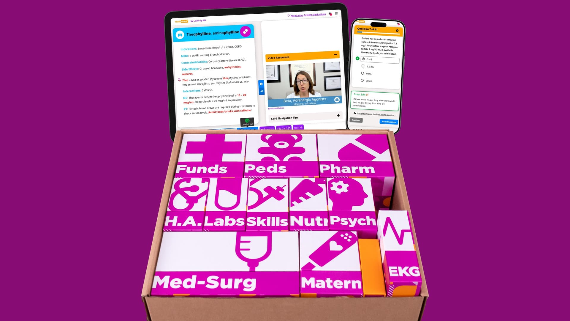 The Level Up RN flashcard kit: a shipping box of subject decks labelled Funds, Peds, Pharm, H.A., Labs, Skills, Nutr, Psych, Med-Surg, Matern and EKG, with the Flashables web app open on an iPad and a dosage question on an iPhone