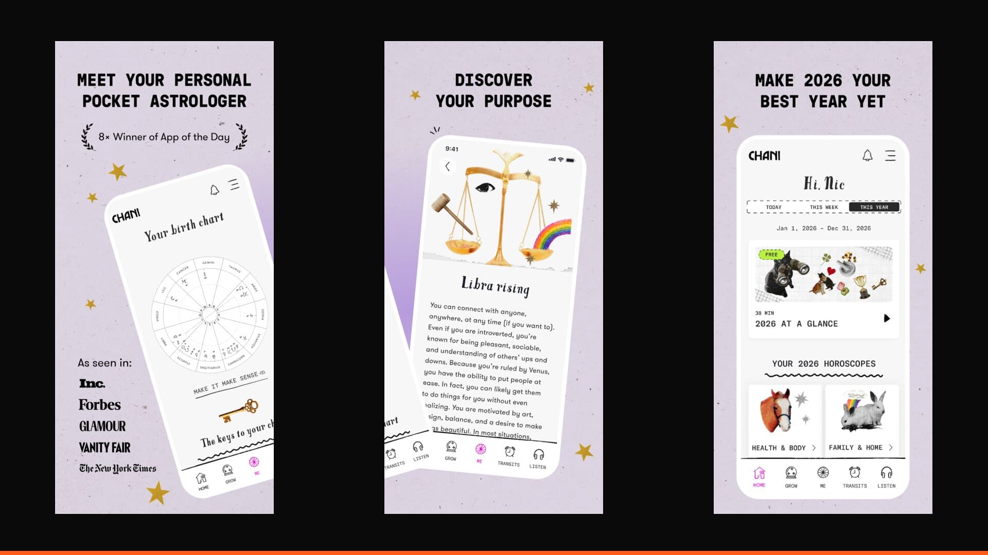 Three real CHANI app screenshots showing the birth chart reader, a Libra rising reading, and the 2026 horoscope home screen on a dark background