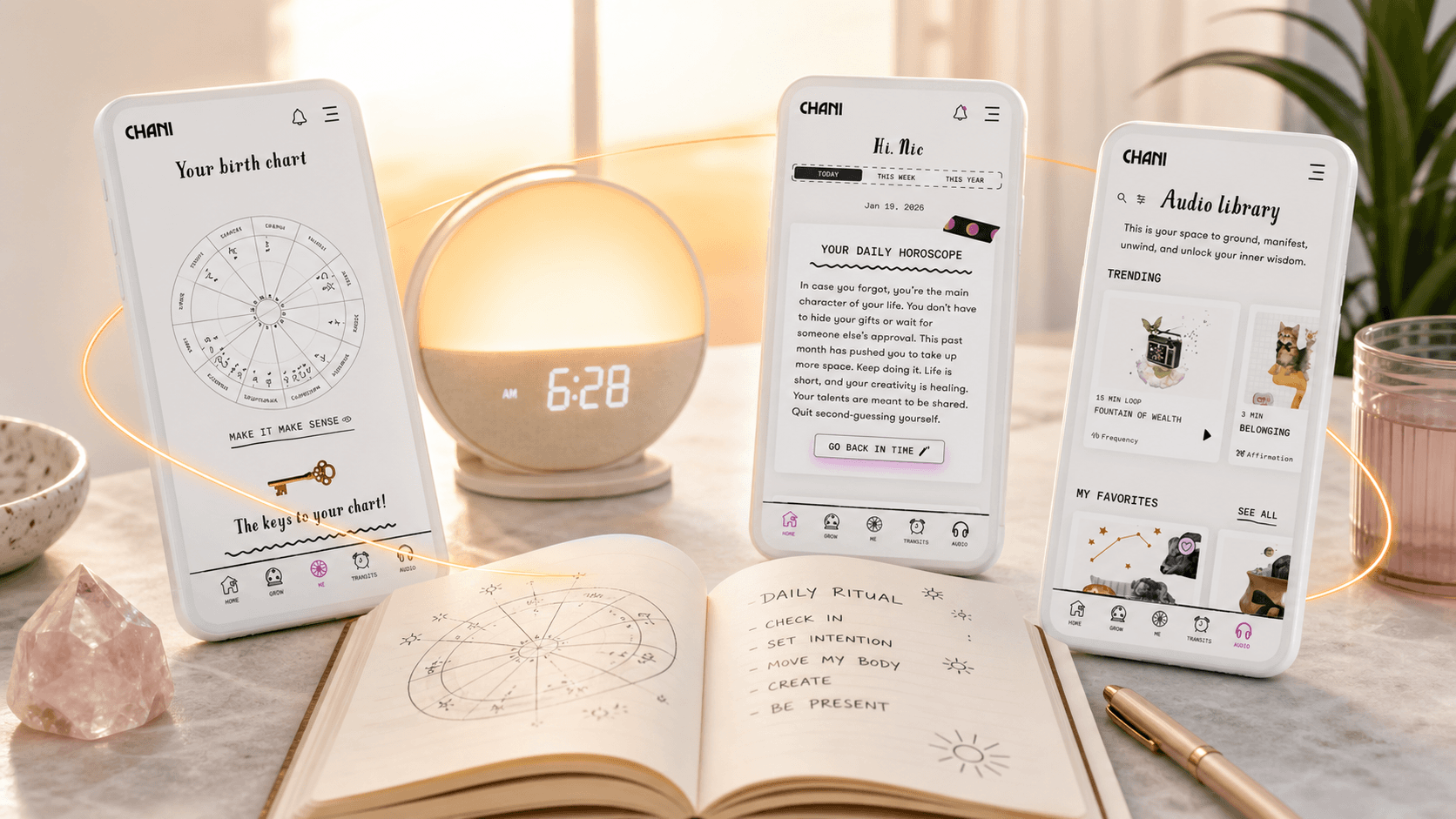Three authentic CHANI screens for a birth chart, daily horoscope, and audio library arranged as a bright morning ritual