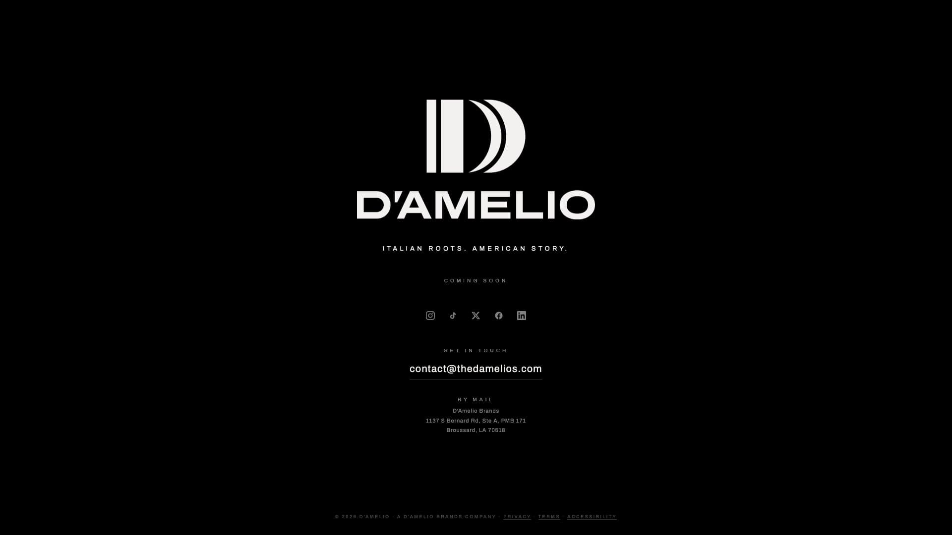The real dameliofootwear.com homepage on October 22, 2026, displaying the D'AMELIO mark, Italian roots. American story., and Coming soon
