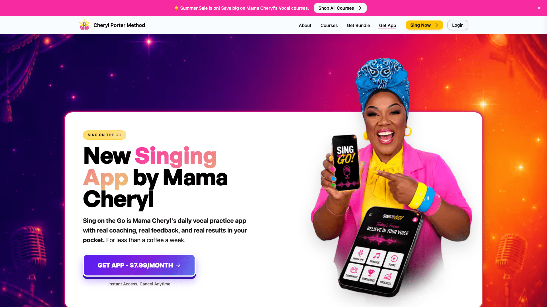 The real Sing on the Go page at cherylportermethod.com showing the headline New Singing App by Mama Cheryl, a purple button reading GET APP $7.99/MONTH, and Cheryl Porter holding two phones displaying the app's warm-ups, practice, songs, community, challenges and progress screens