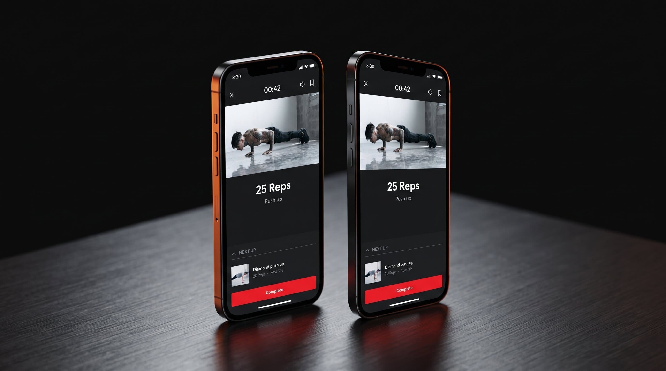 The Heria Pro calisthenics app shown on two phones displaying a push-up workout, on a dark surface with warm orange accent lighting