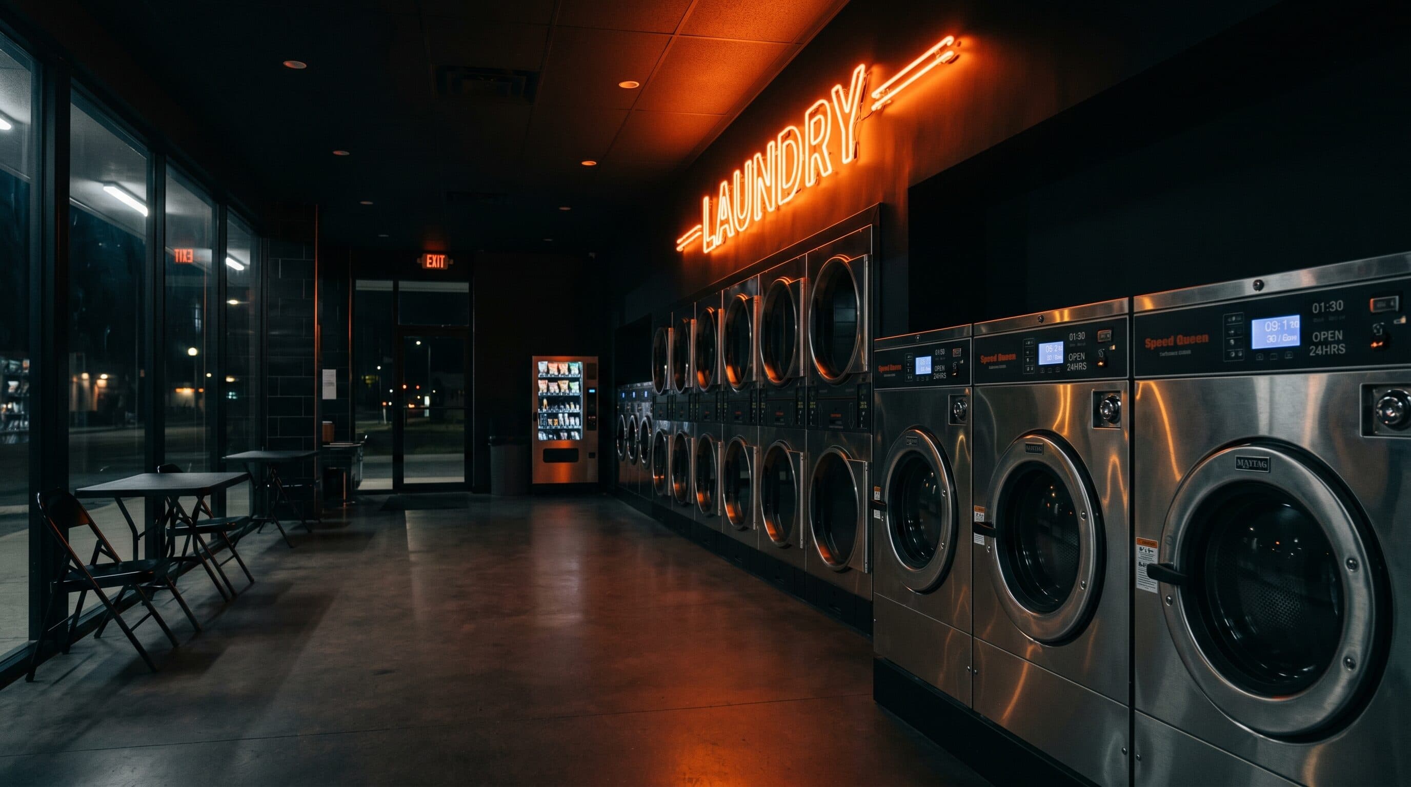 A modern laundromat lit at night with a warm orange neon glow, the kind of boring cash business Codie Sanchez invests in