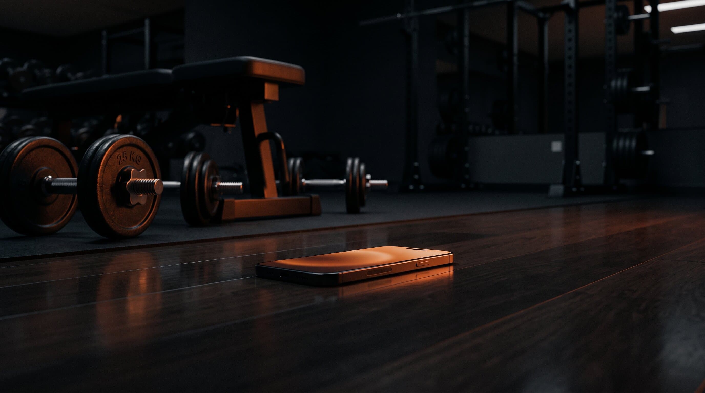 A single phone glowing on a dark gym floor, replacing the equipment around it