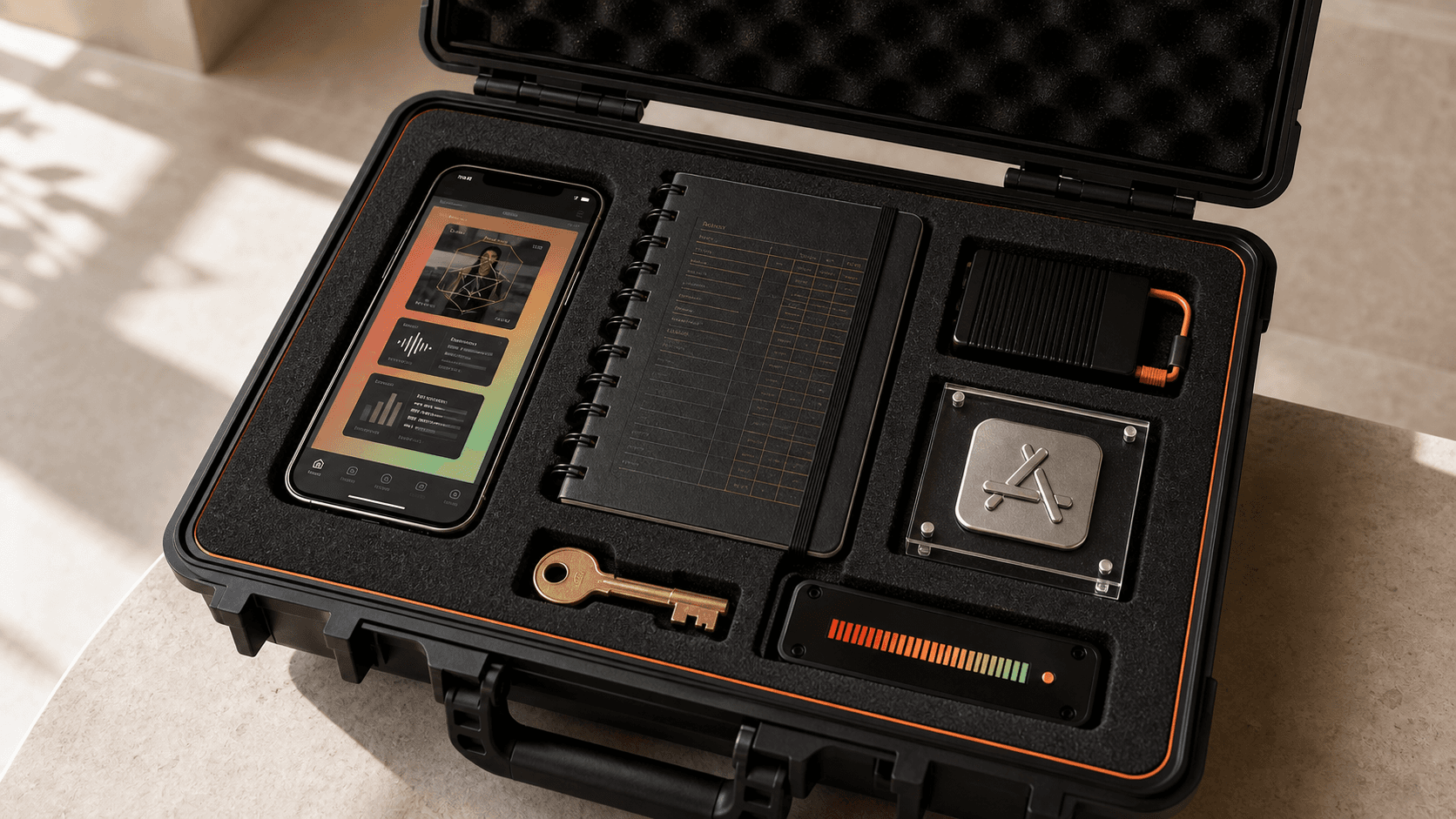 An open product handoff case containing a finished app, customer ledger, source-code drive, subscription meter, and ownership key