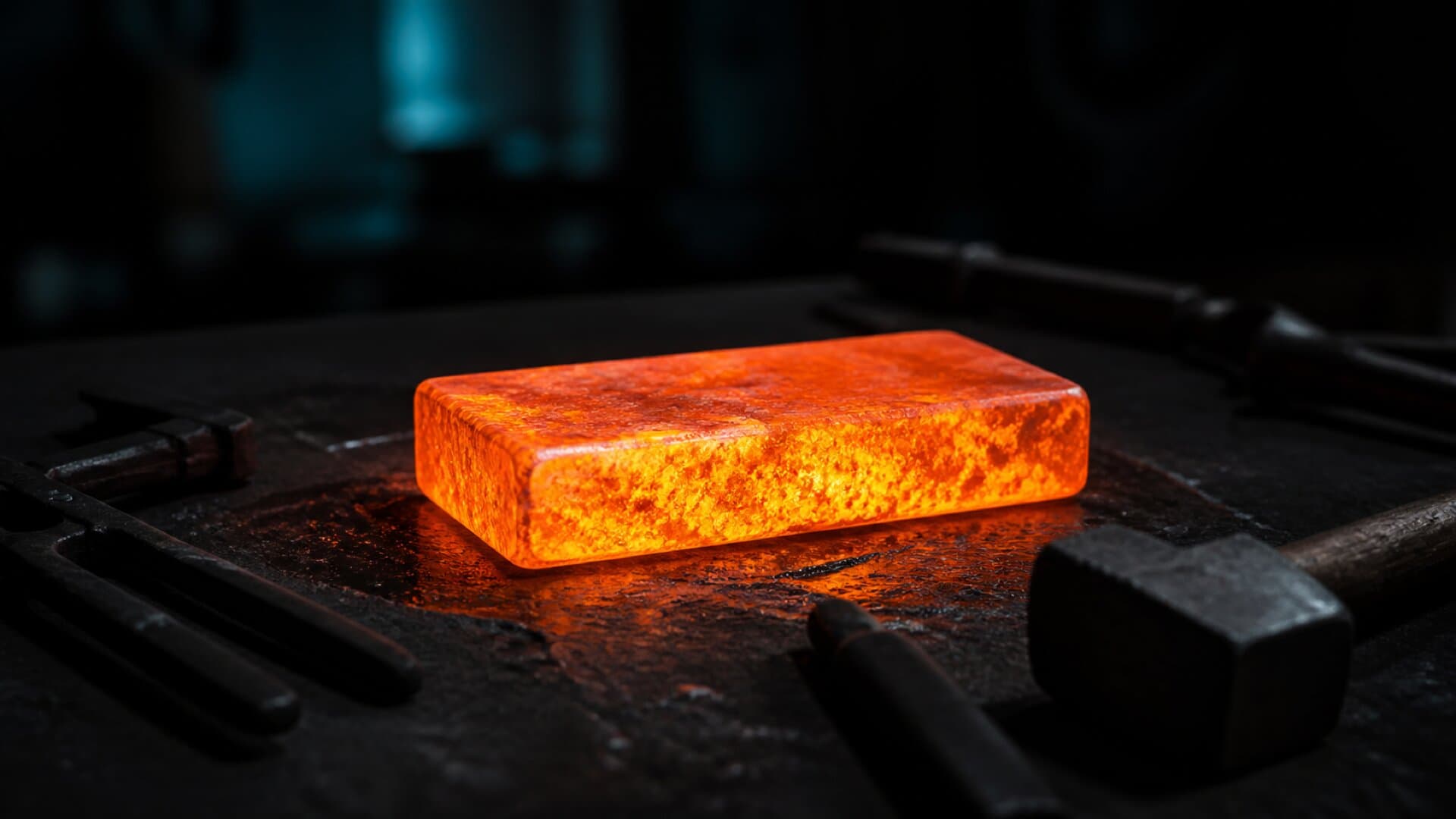 Conceptual image of a single glowing asset being forged on a dark workbench, representing a creator building owned equity