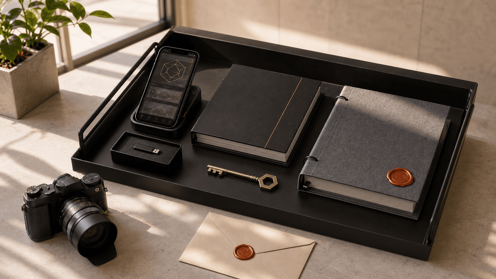 A creator business prepared for acquisition, with its app, customer ledger, code archive, intellectual property, and key on one transfer tray