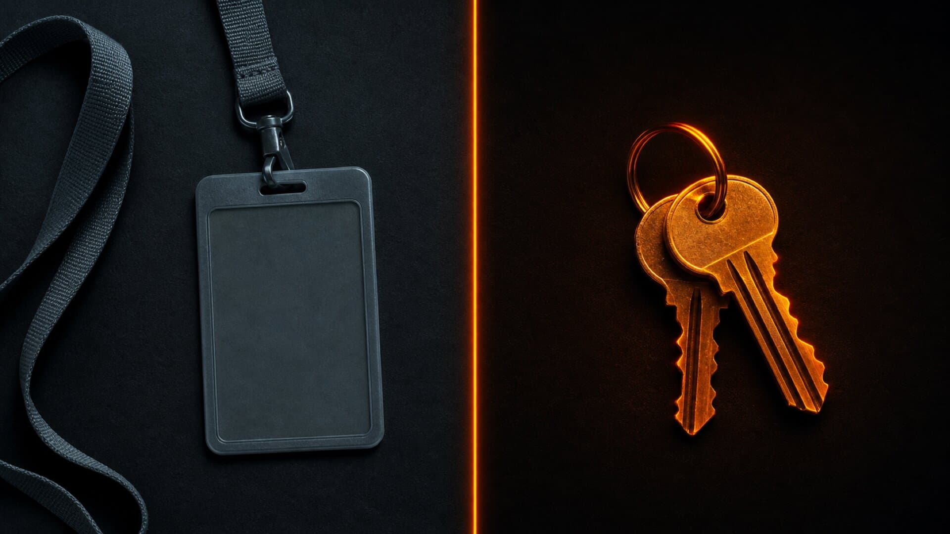 Split image comparing an employee badge on a lanyard against a set of keys glowing warm orange, representing renting your audience versus owning your business