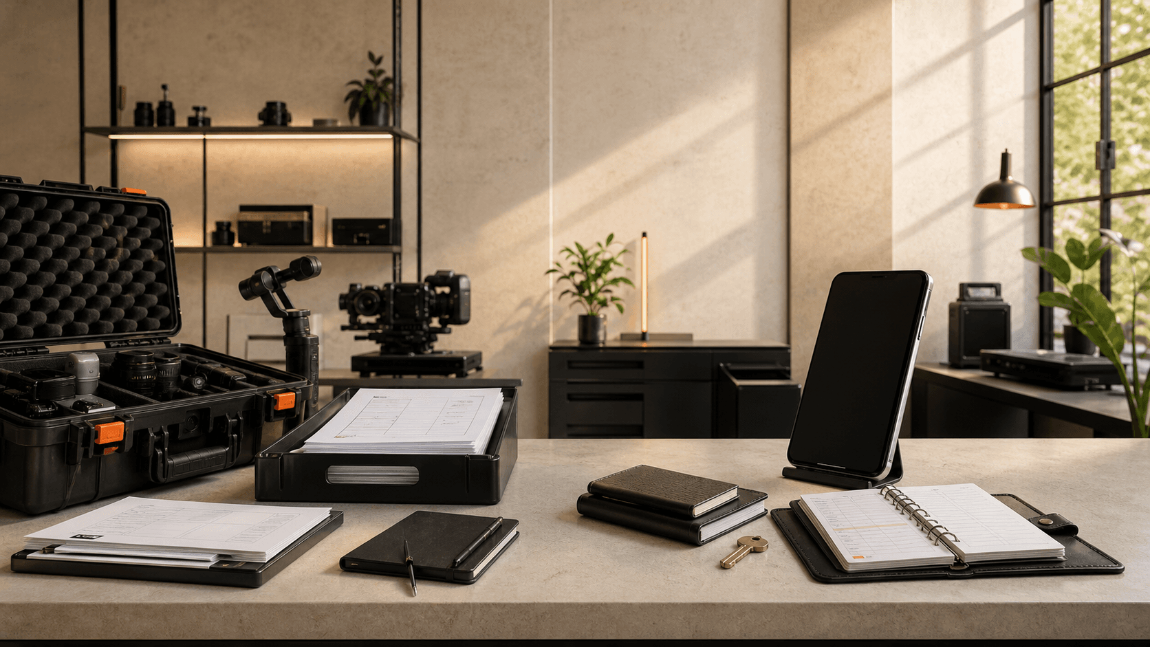 A creator studio closing for the day, with campaign gear packed away while a finished mobile product and ownership key remain on the workbench