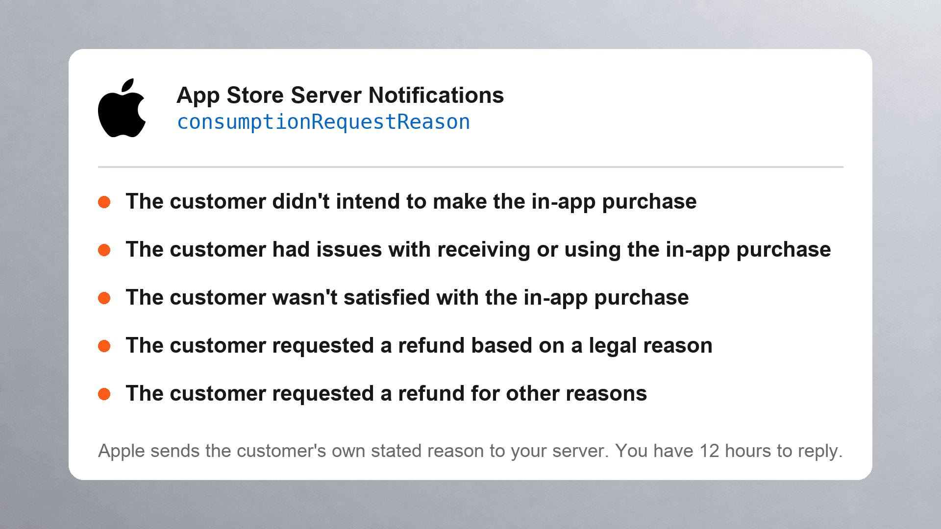 Apple's five documented consumptionRequestReason values, the customer's own stated reason for a refund request, delivered to the developer's server