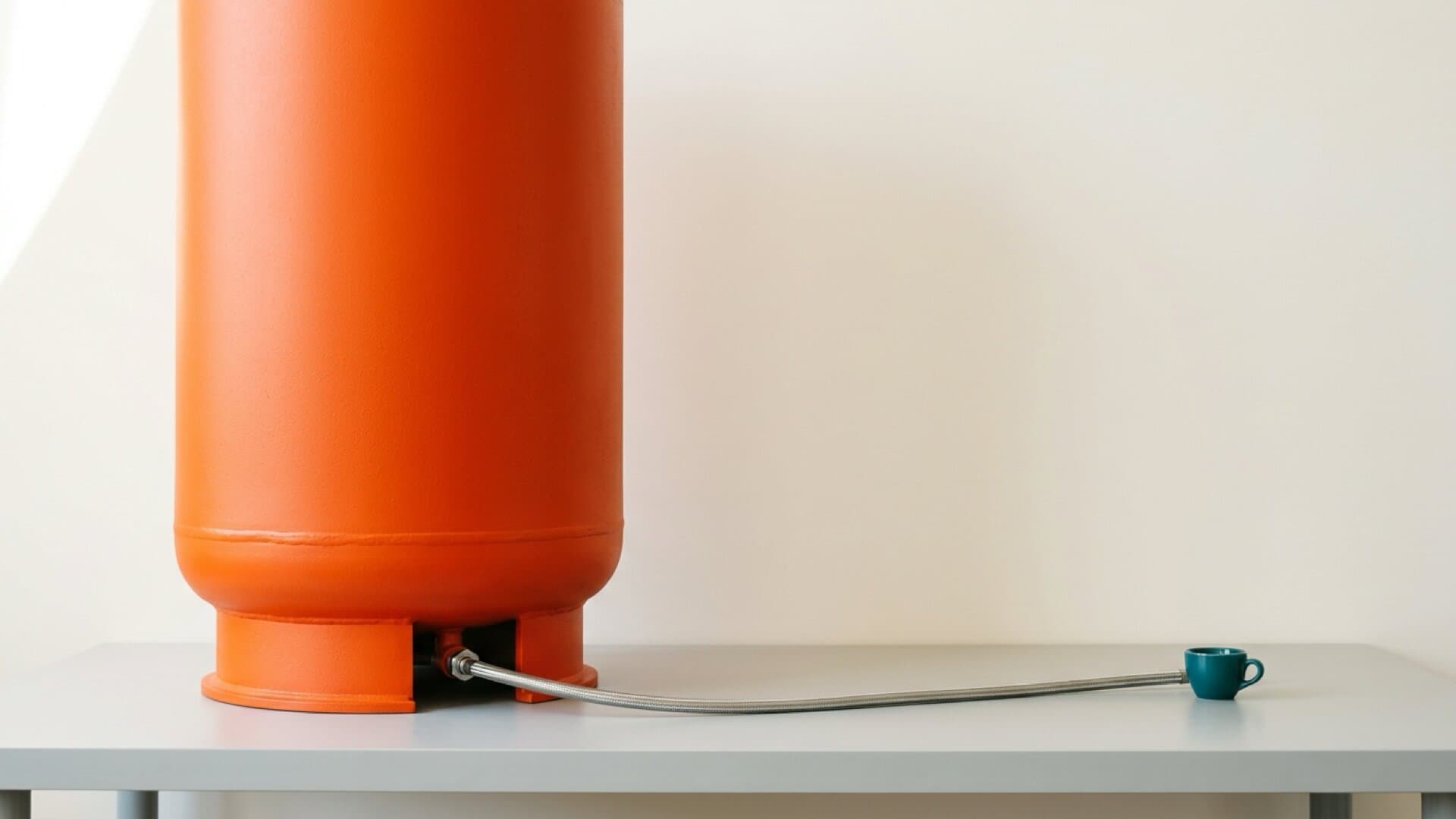 A large molten orange fuel tank connected by a hose to a small teal cup on a bright workbench, the tank dwarfing the cup