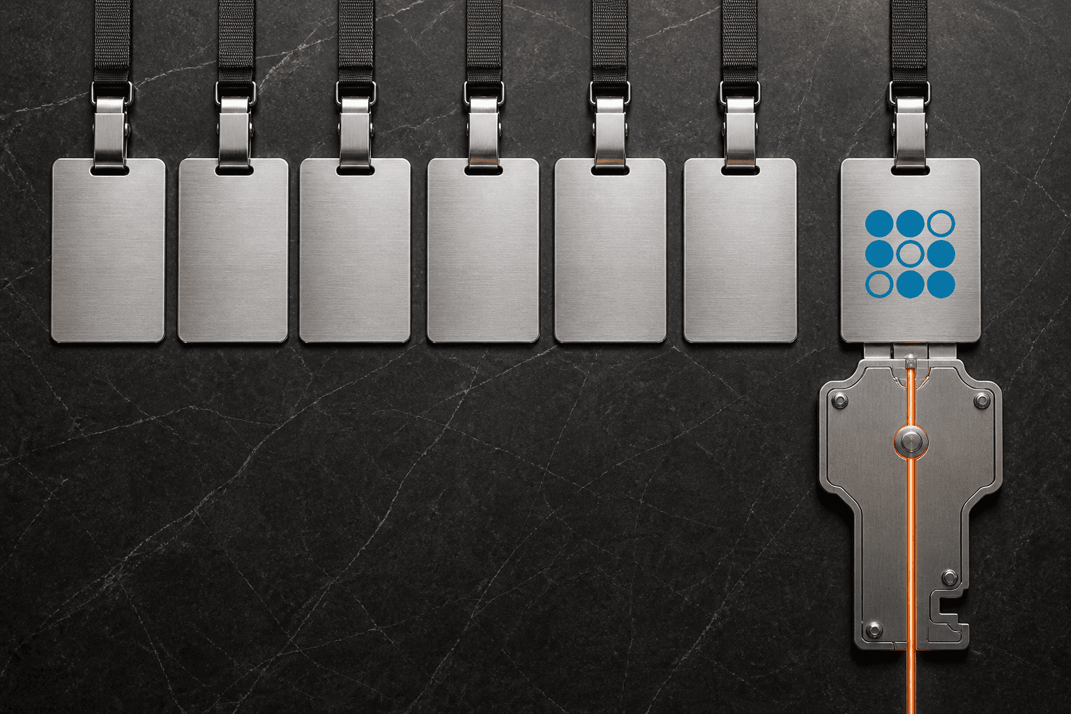 Seven executive lanyards end at their clips while the SoFi-marked badge continues into a bolted equity key