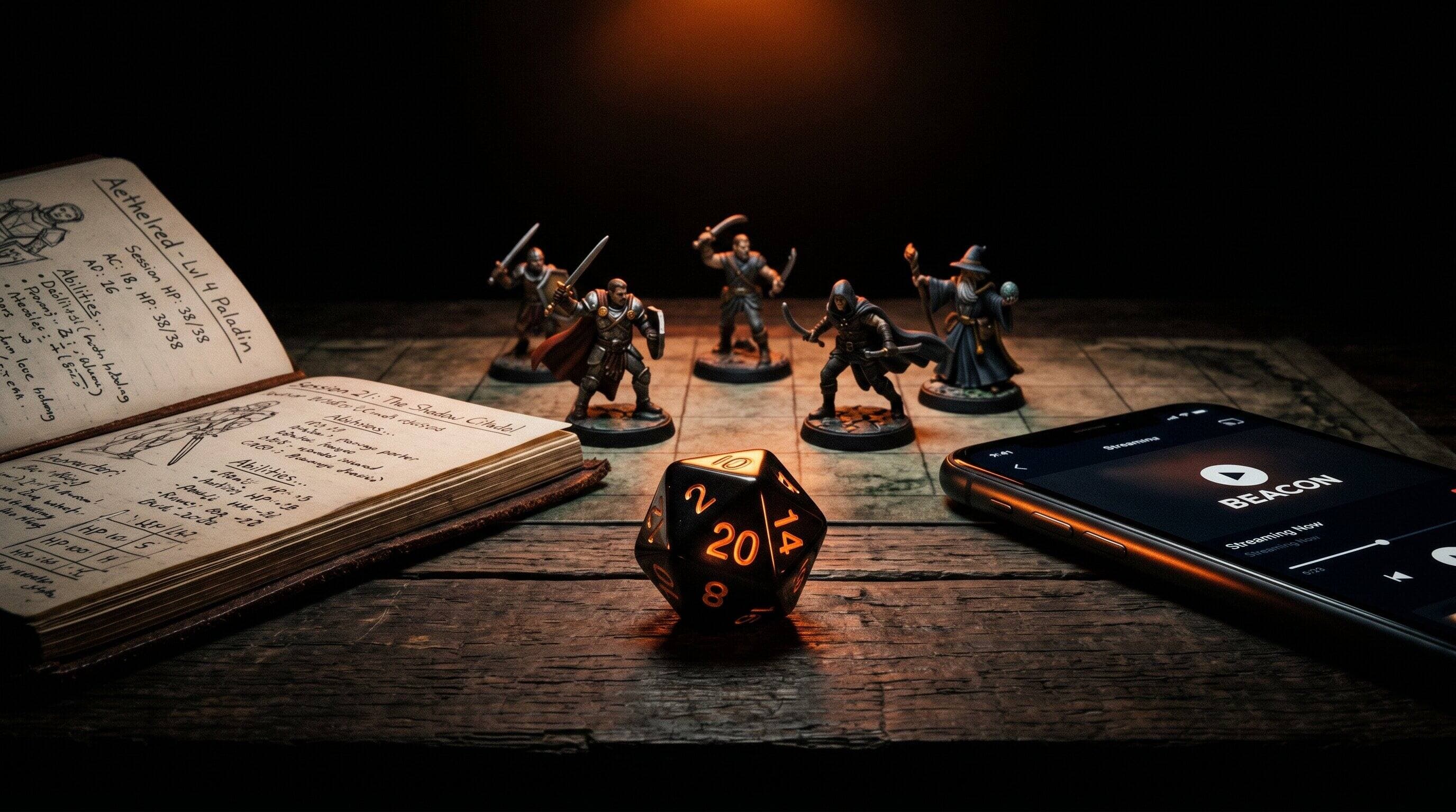 A dark wooden tabletop with D&D dice, painted miniatures, an open campaign journal, and a phone showing the Beacon streaming interface