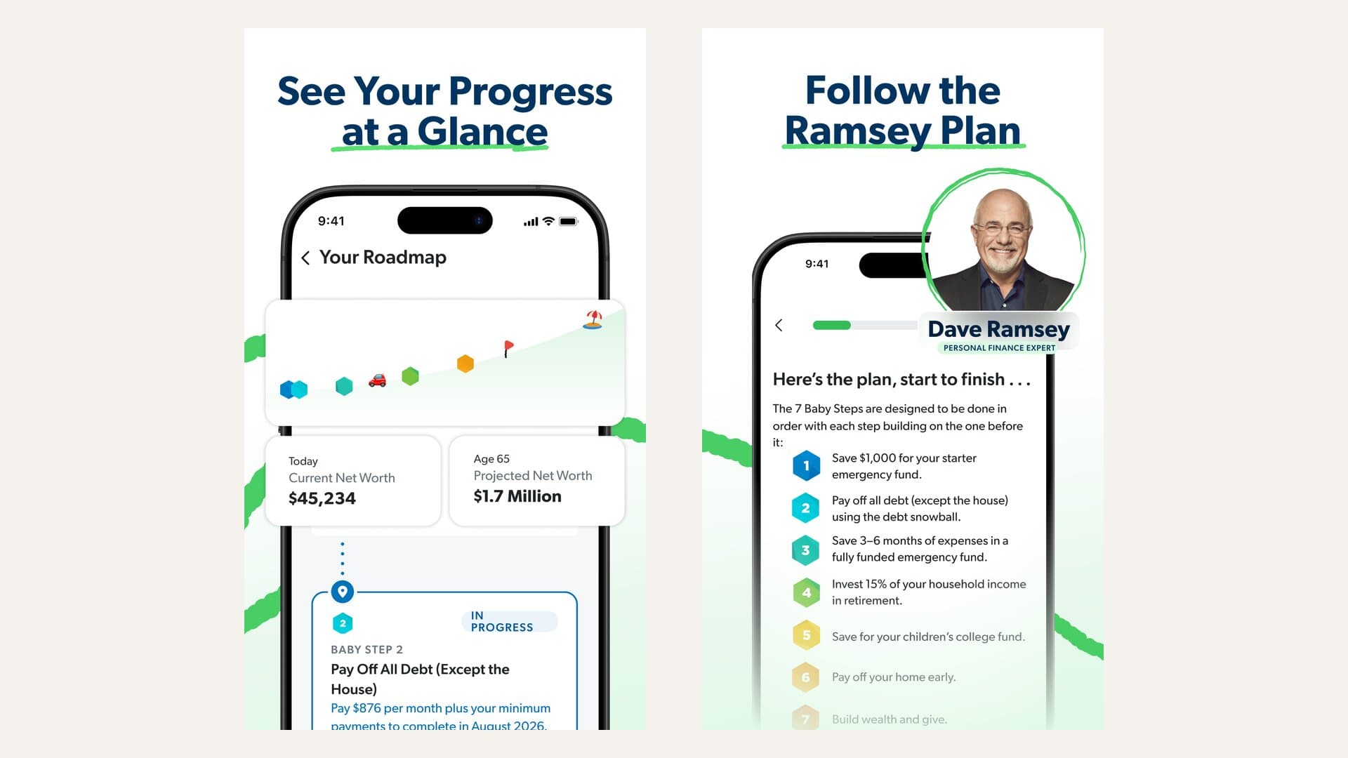 EveryDollar's own App Store screenshots: a roadmap with Baby Step 2 in progress, and the 7 Baby Steps listed beside Dave Ramsey's photo