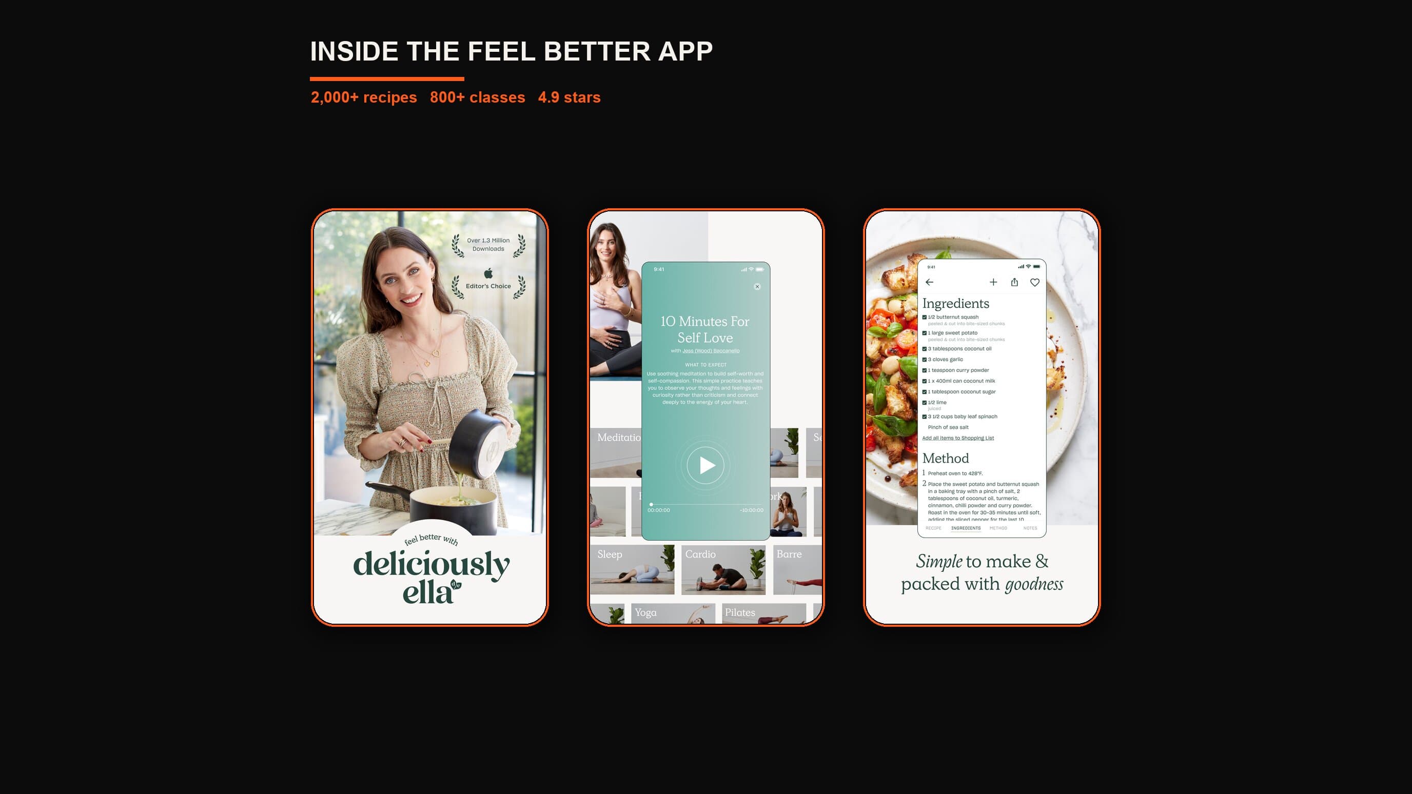 Screens from the Deliciously Ella Feel Better app showing recipes, classes, and meditation