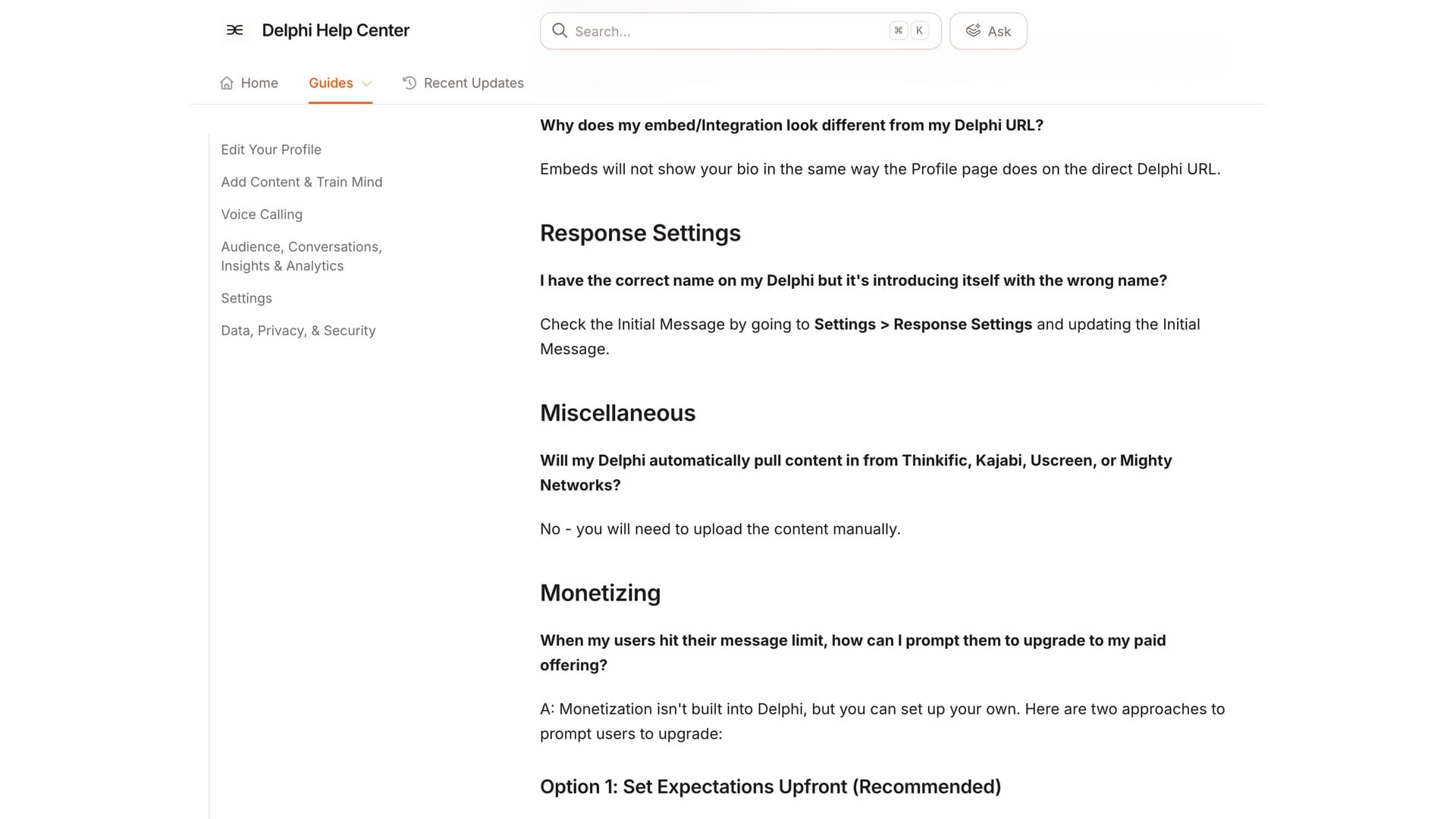 Delphi's help center, Monetizing section, answering how to prompt users to upgrade with the sentence "Monetization isn't built into Delphi, but you can set up your own"