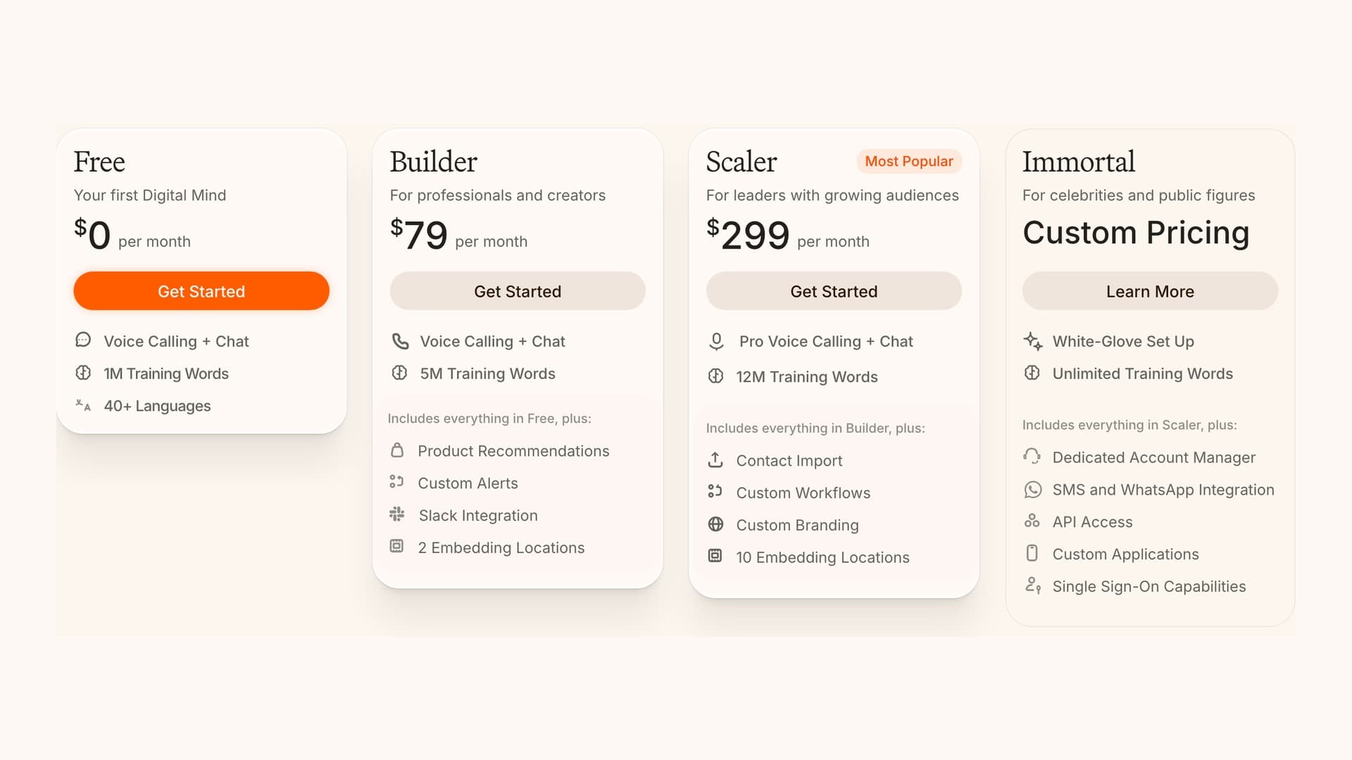 Delphi's live pricing page showing four tiers: Free at $0 per month, Builder at $79, Scaler at $299, and Immortal at custom pricing