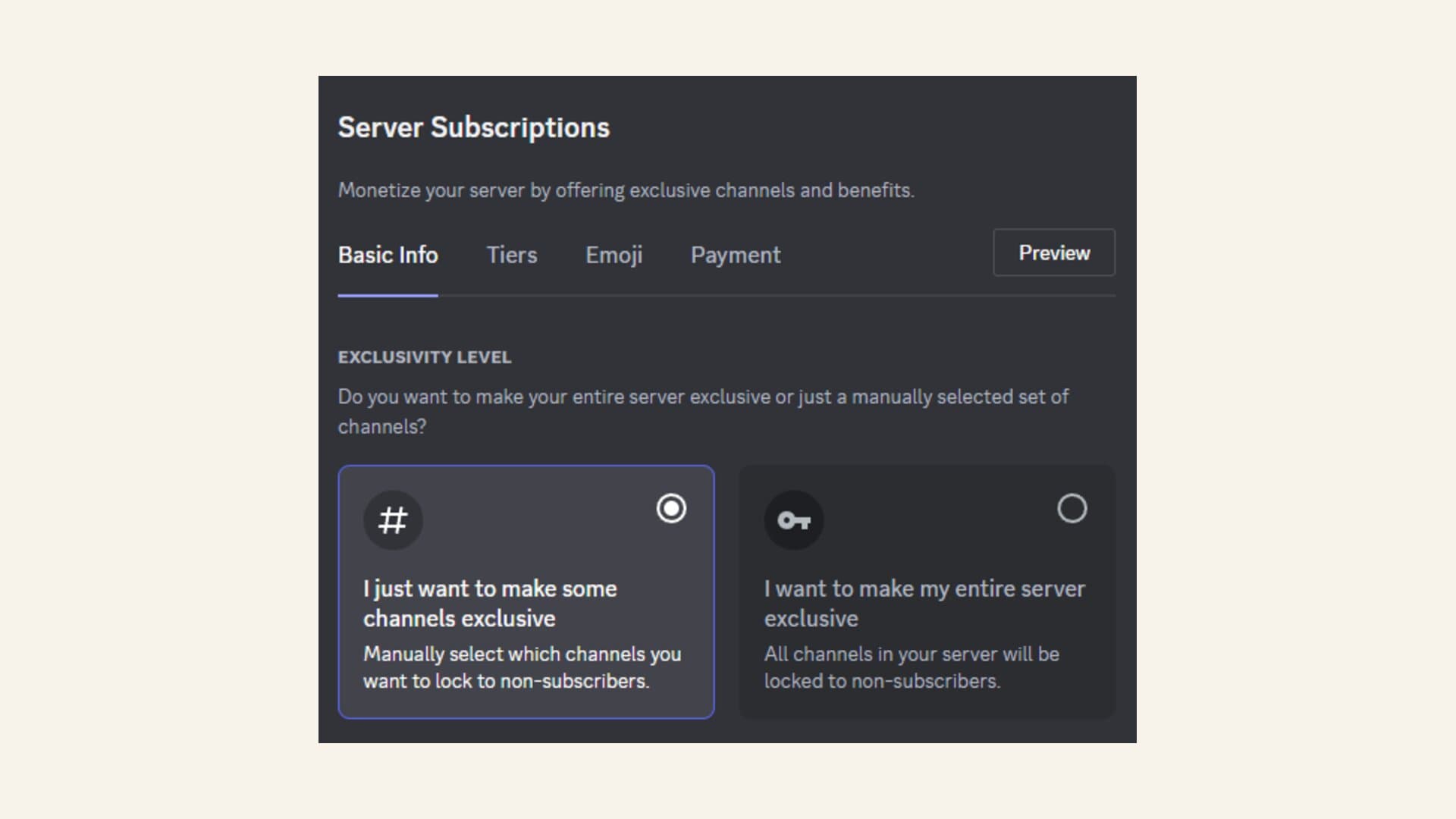 Discord's real Server Subscriptions settings show separate choices for making selected channels exclusive or making the entire server exclusive.