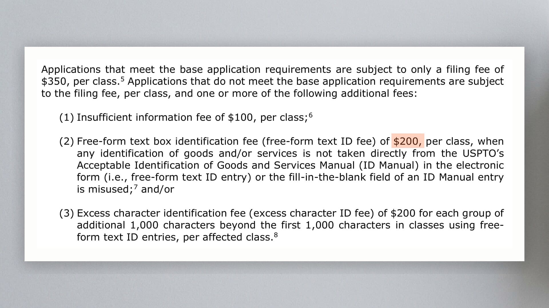A crop of the printed United States Code of Federal Regulations showing the base application filing fee of $350 per class and the $200 free-form text box identification fee