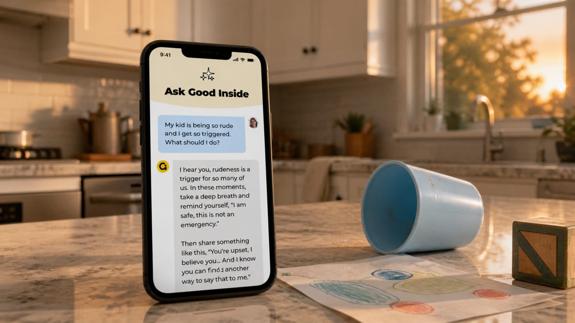 The Good Inside app ready on a family kitchen counter in the middle of a difficult parenting moment