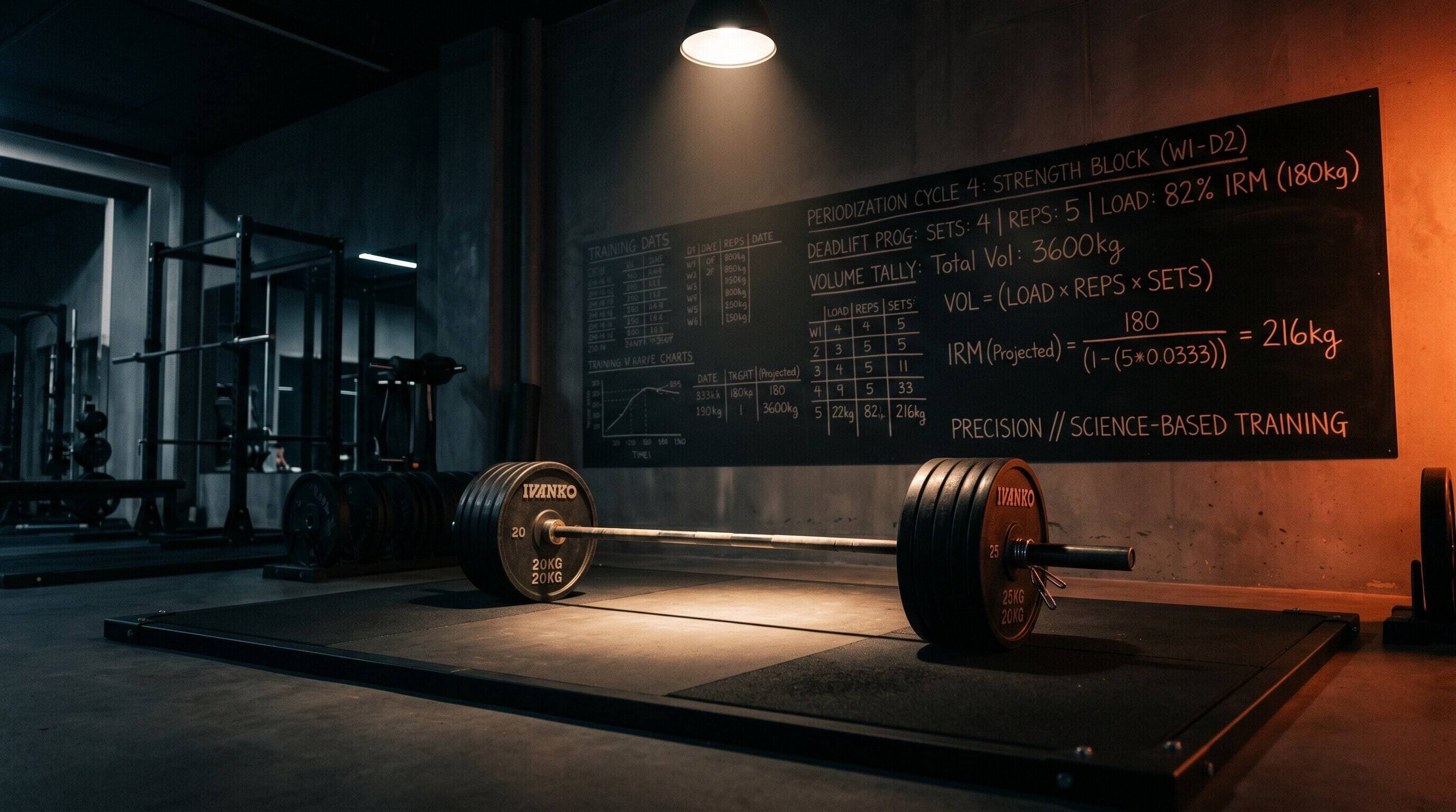A dark modern gym with a barbell under a spotlight and a chalkboard showing training volume equations and periodization notations