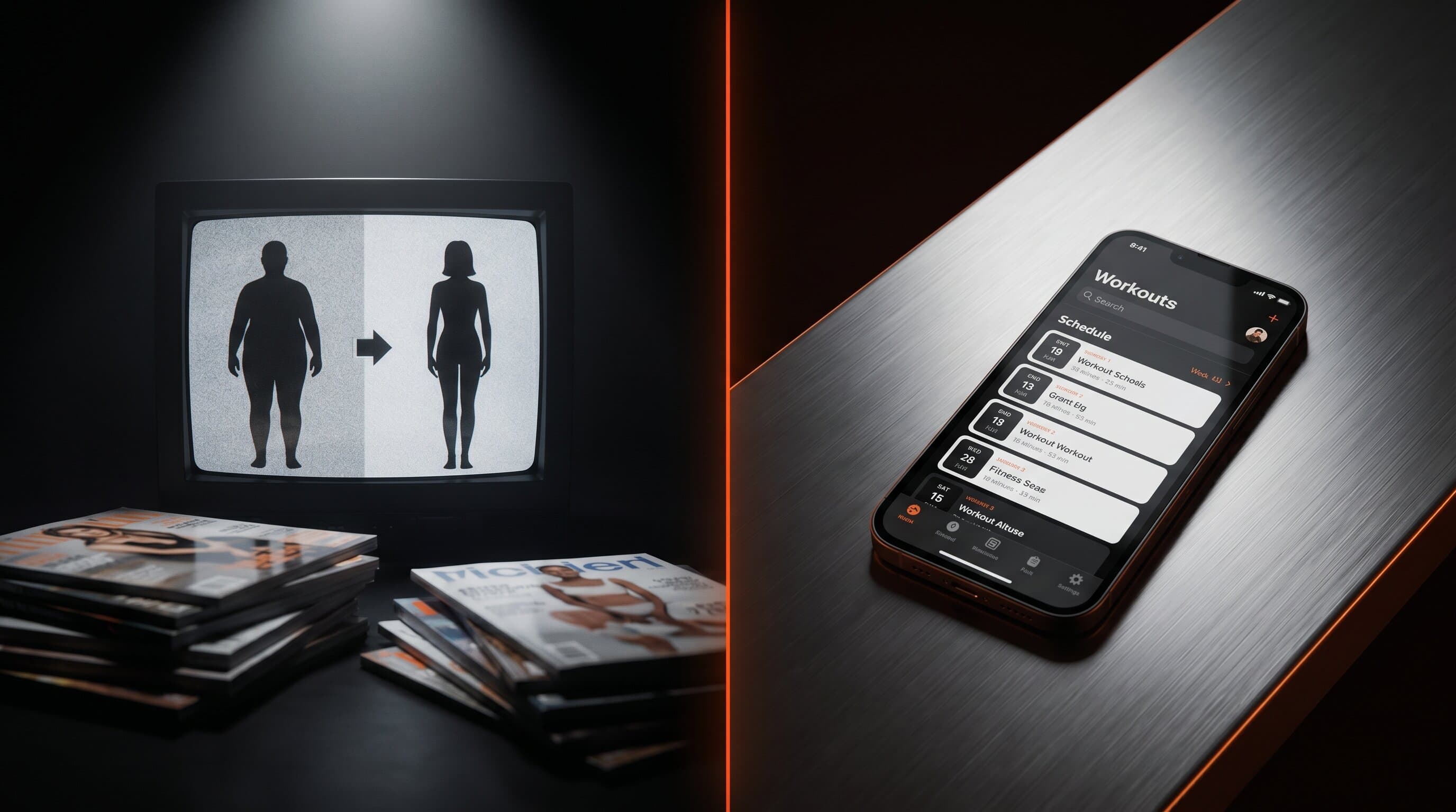 Editorial conceptual photo showing a transformation arc from a viral video moment to a structured fitness subscription app