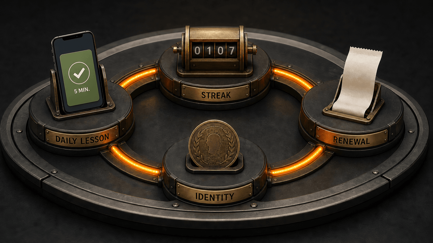 A physical four-station habit machine turns a daily lesson into a streak, identity, and subscription renewal