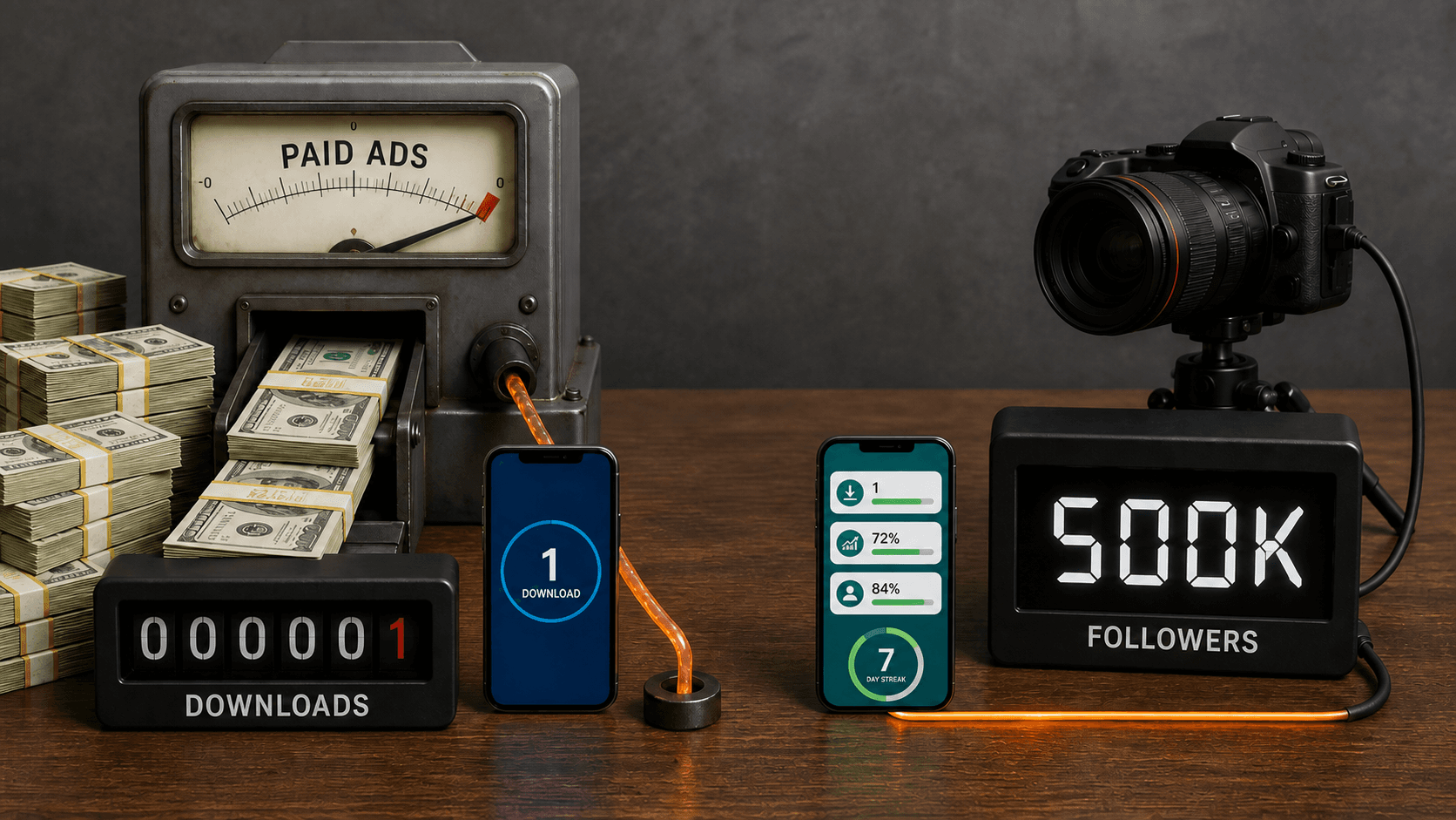 A paid-ad machine consumes stacks of cash for one download while a creator camera connects an existing audience directly to an owned app