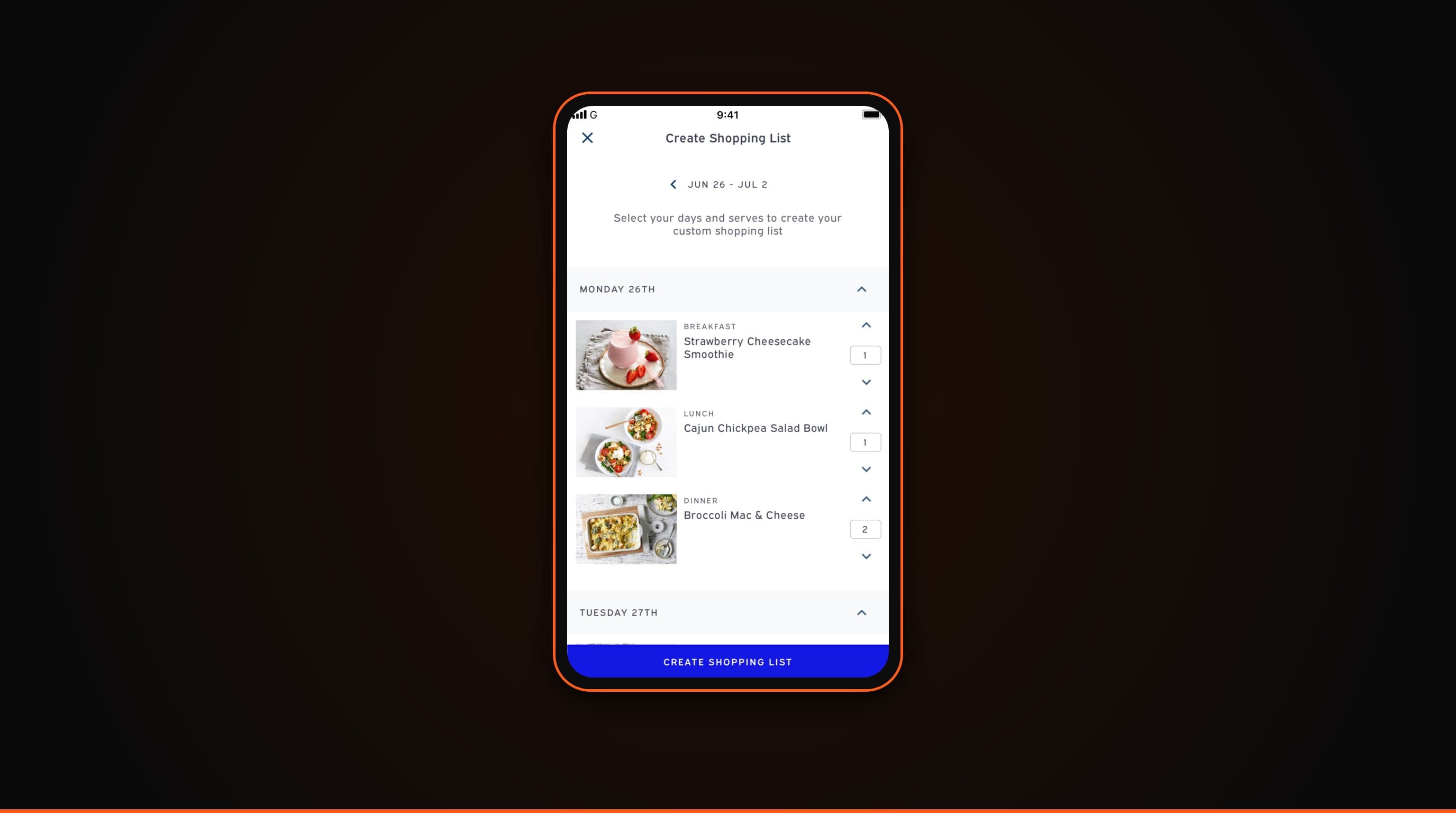 The Emily Skye FIT app showing a weekly meal plan and shopping list builder