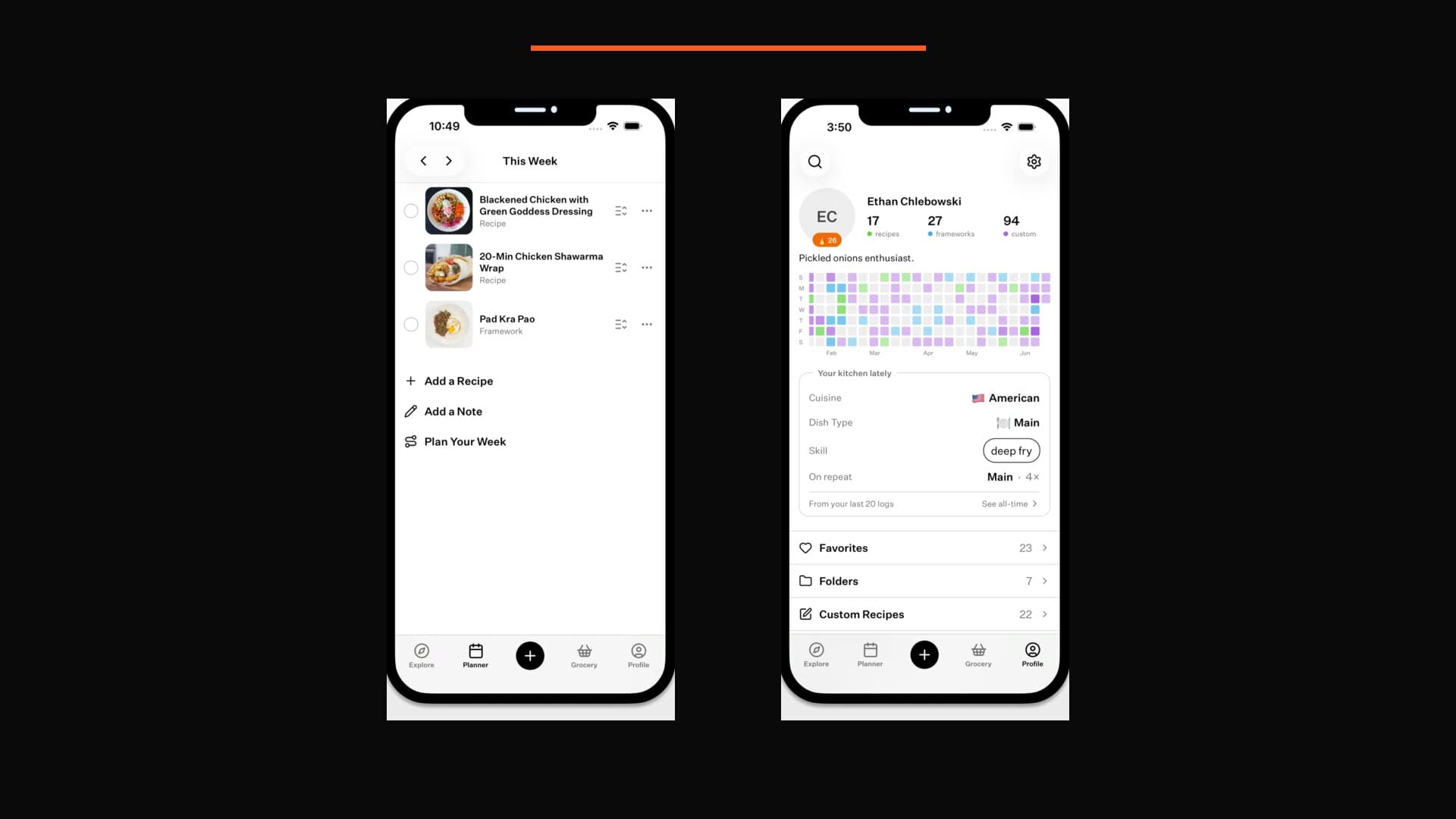 The Cook Well app's weekly meal planner and the profile screen tracking logged meals, streaks, and cooking patterns