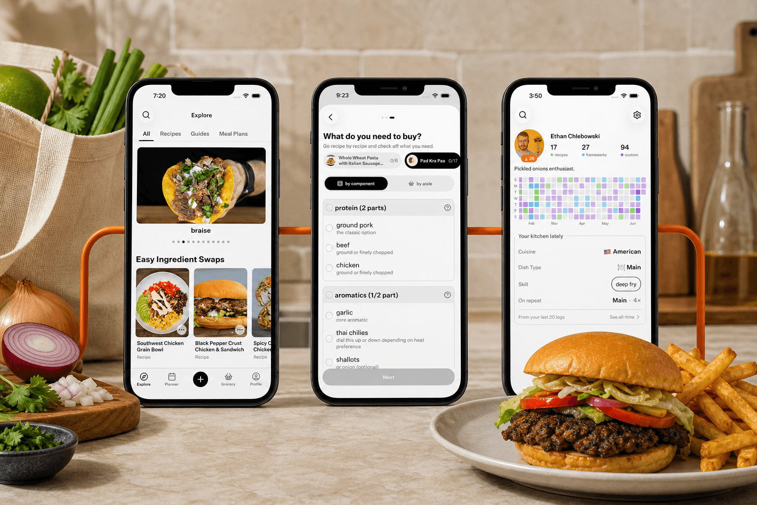 Three Cook Well product screens connect meal discovery, a grocery list, and the cooking log across a working kitchen counter