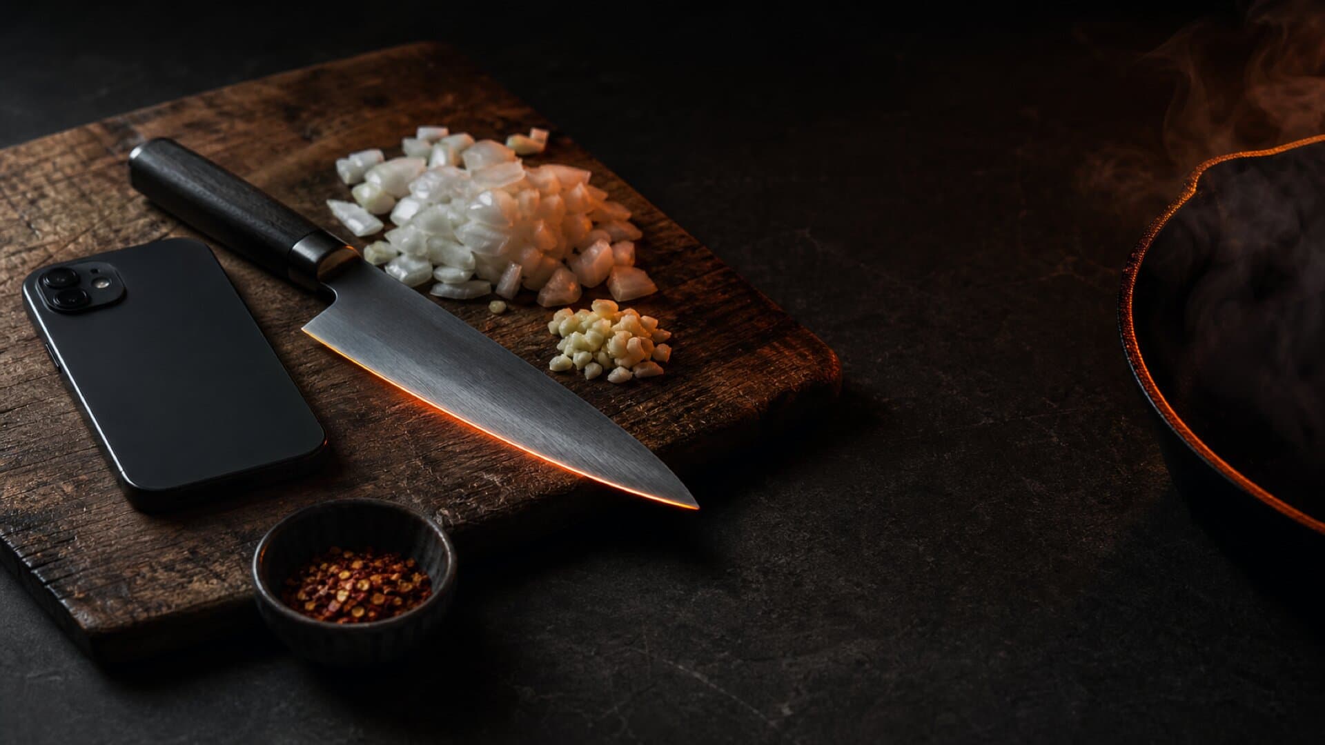 A dark kitchen counter at night with a phone, chef's knife, and prepped ingredients under a warm orange light