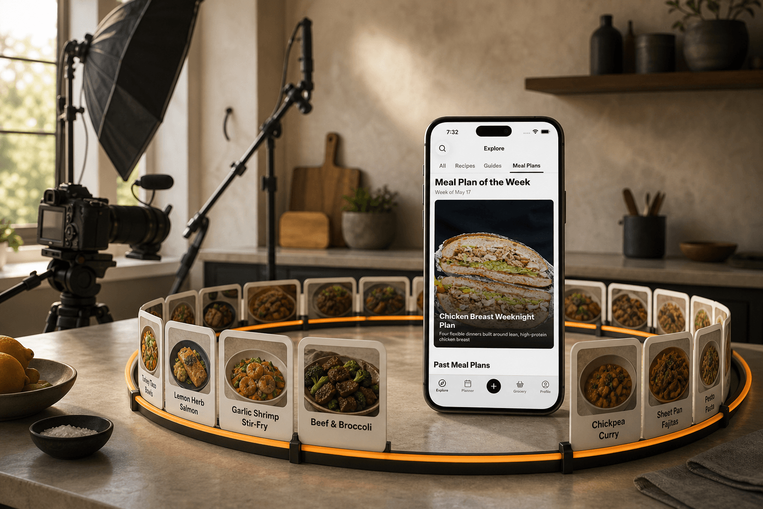 The Cook Well weekly planner sits inside a circular meal loop while the nearby creator filming equipment is powered off