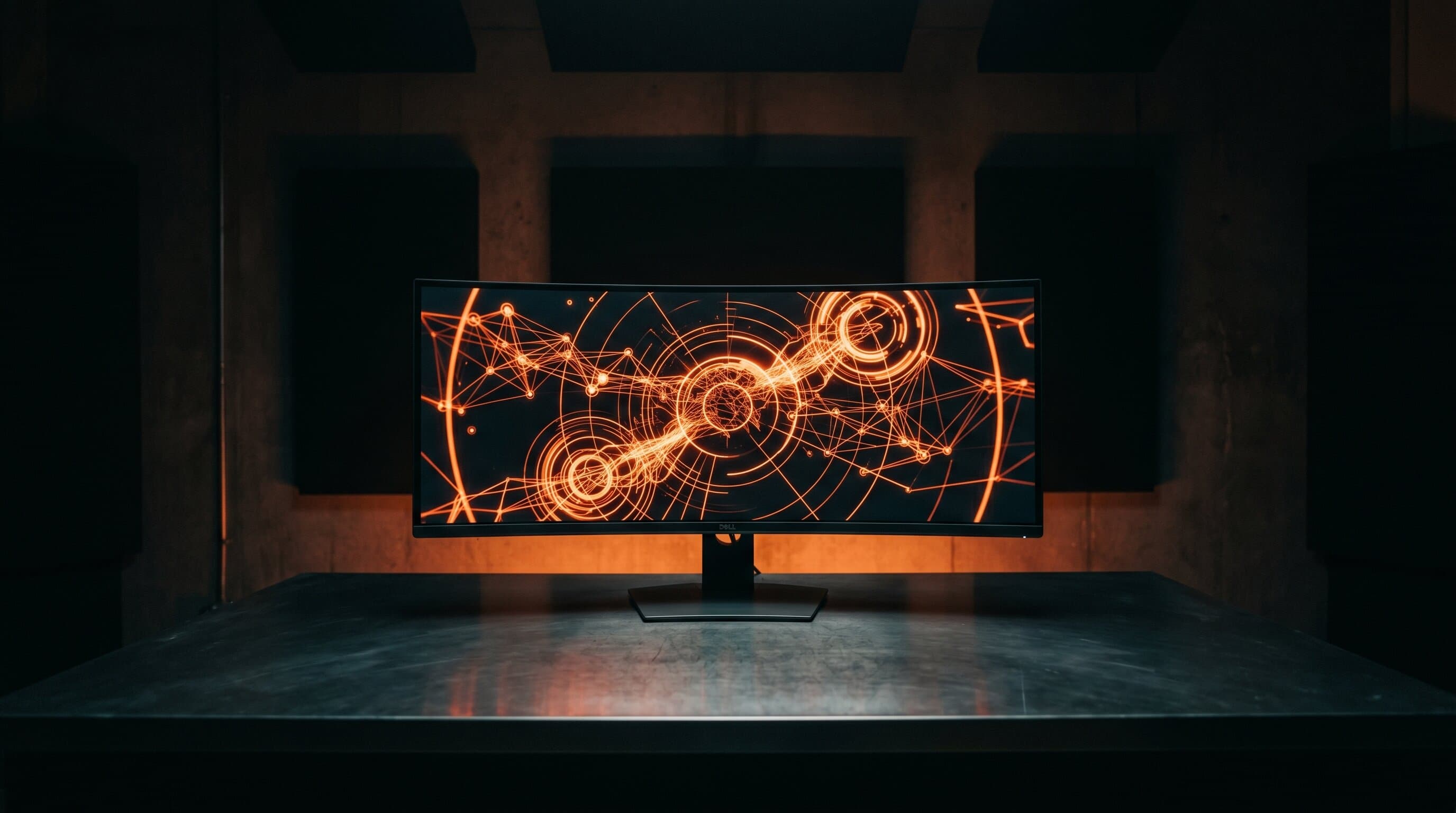 Foundry-style cinematic still showing dark control room with screens displaying AI coach interfaces glowing in molten orange