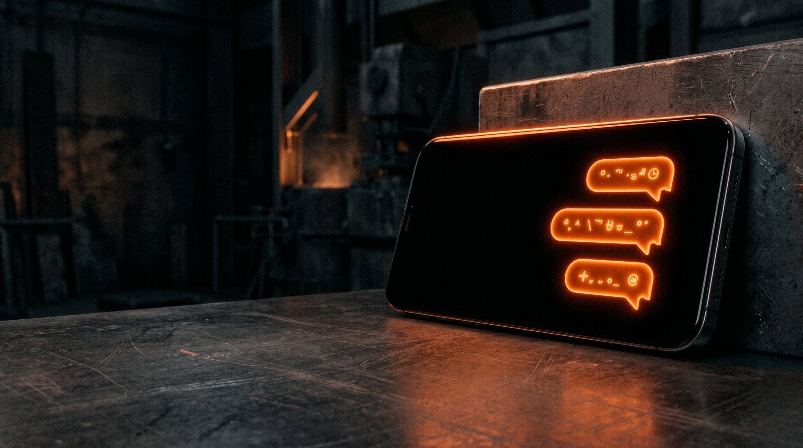Cinematic phone mockup showing chat-style AI coach UI on a dark control-room desk with molten orange rim lighting
