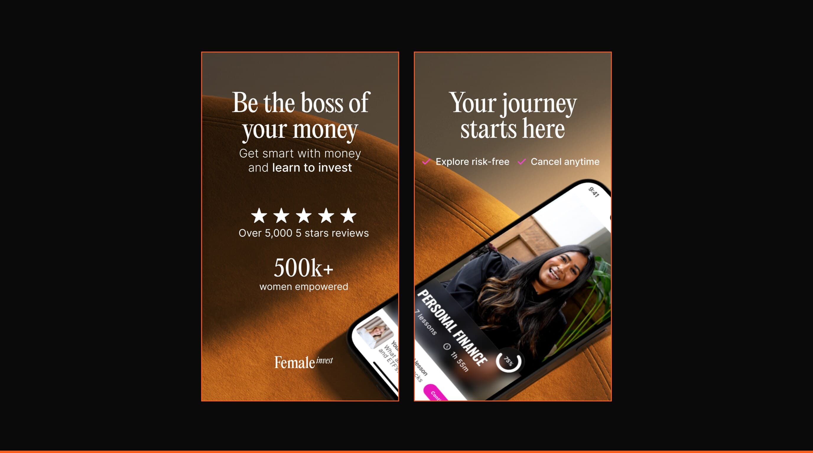 App Store screenshots of the Female Invest app showing its investing lessons and membership