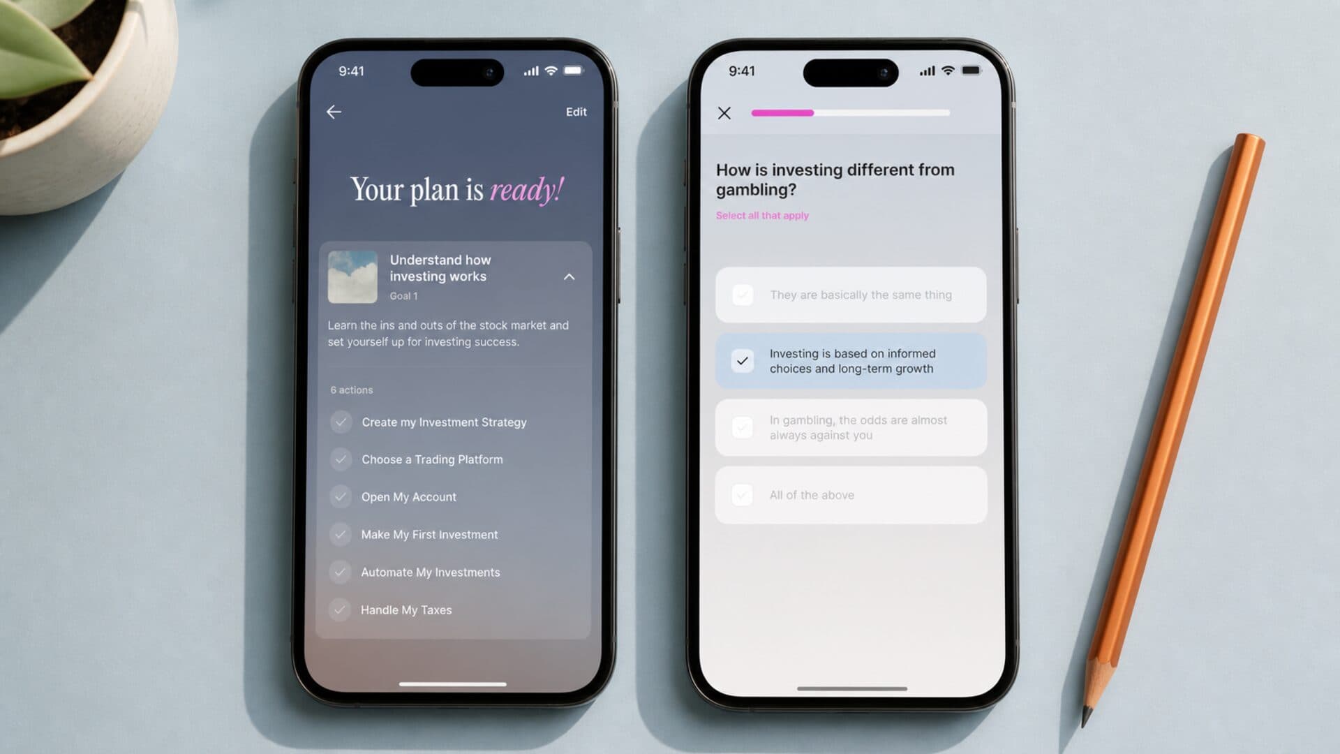 Two Female Invest app screens showing a personal investing plan and an interactive lesson