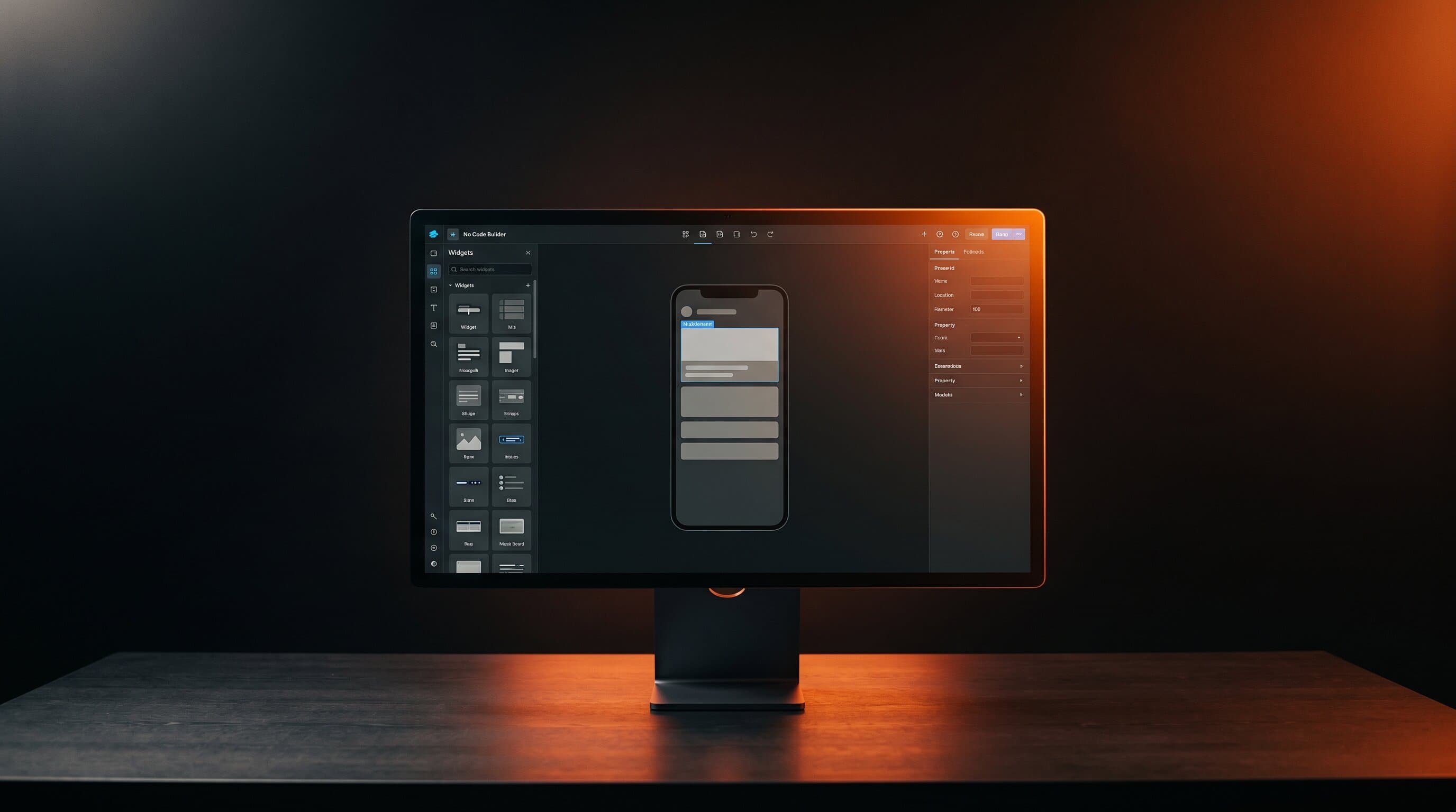 FlutterFlow visual editor with canvas, component tree, and live device preview