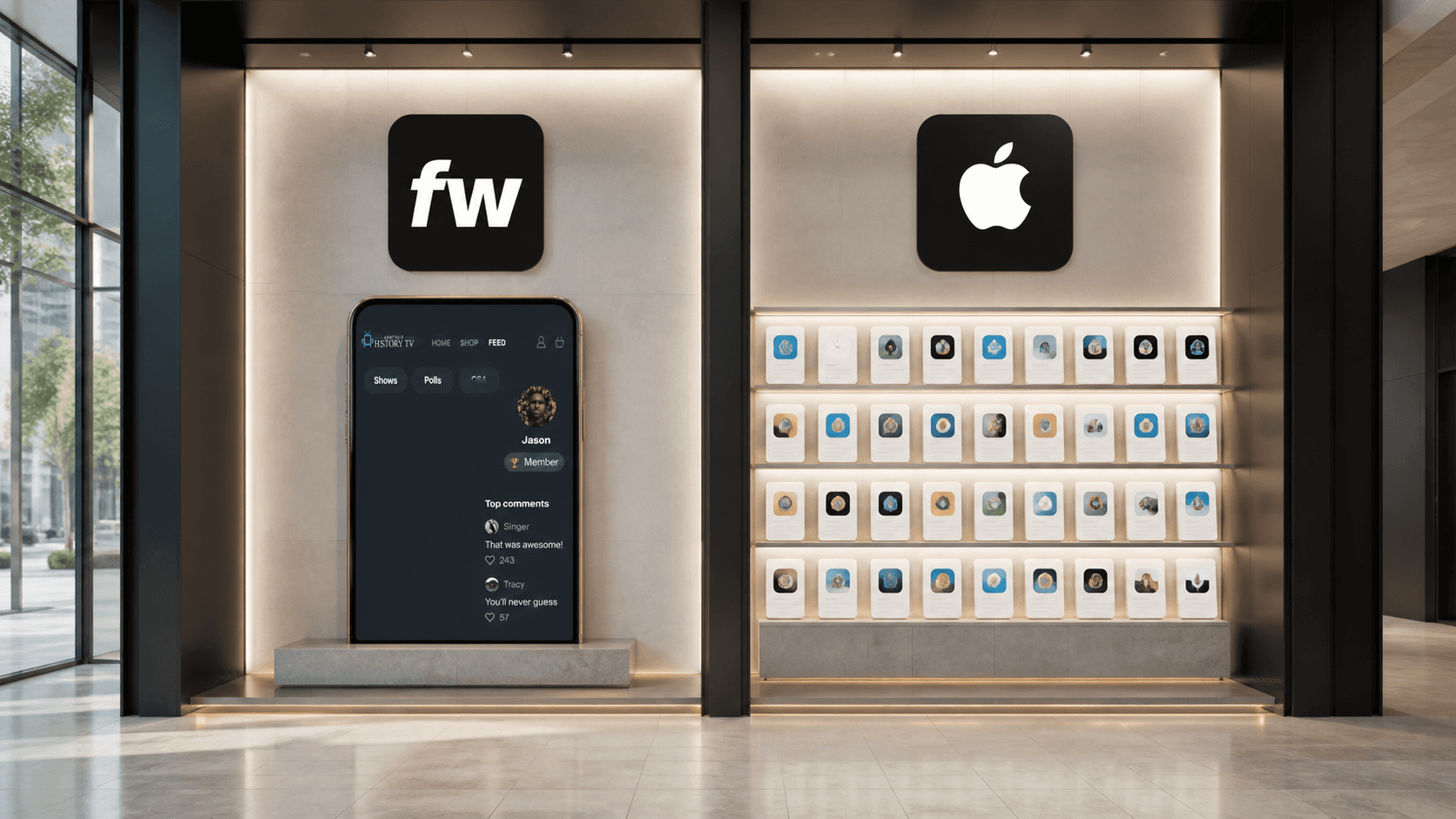 A Fourthwall web membership product occupies one showroom bay while an Apple discovery wall holds many app products in the next