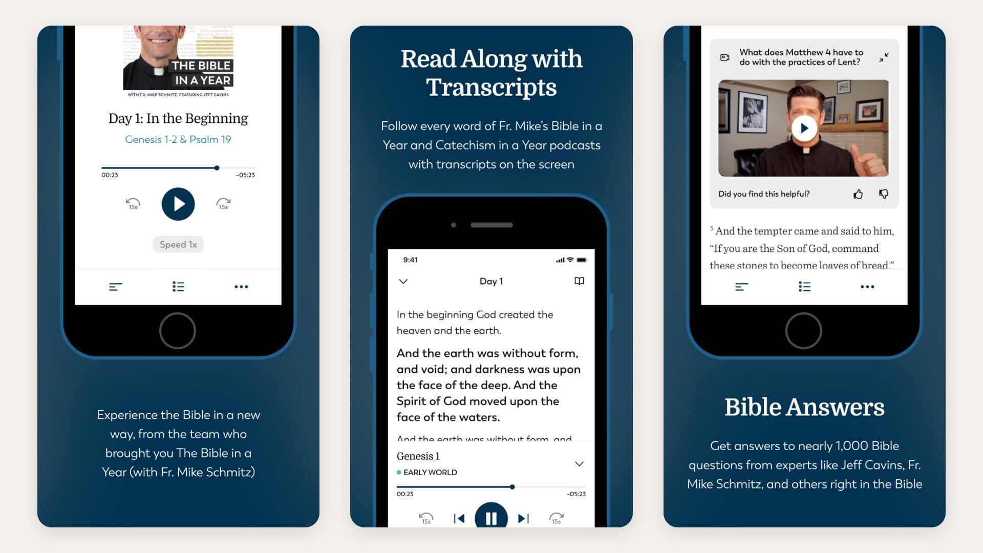 Three real App Store screenshots from the Ascension app: the Bible in a Year Day 1 episode player, the Read Along with Transcripts screen following Fr. Mike's podcasts word by word, and the Bible Answers screen with a video answer from Fr. Mike Schmitz