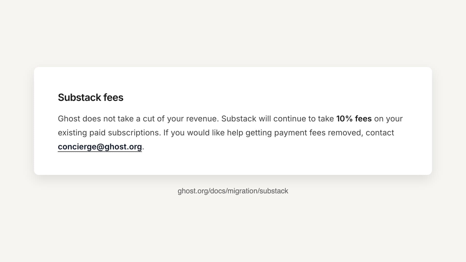 Ghost's Substack migration guide, under the heading Substack fees, says Ghost does not take a cut of your revenue and Substack will continue to take 10% fees on your existing paid subscriptions
