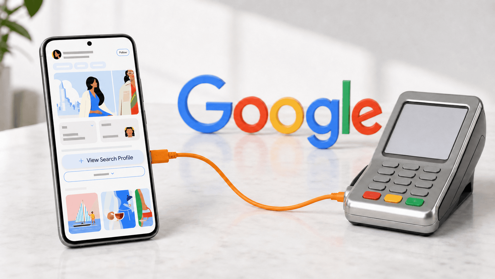 A Google Search creator profile on a phone connected by an orange cable to a checkout terminal that cannot complete a transaction