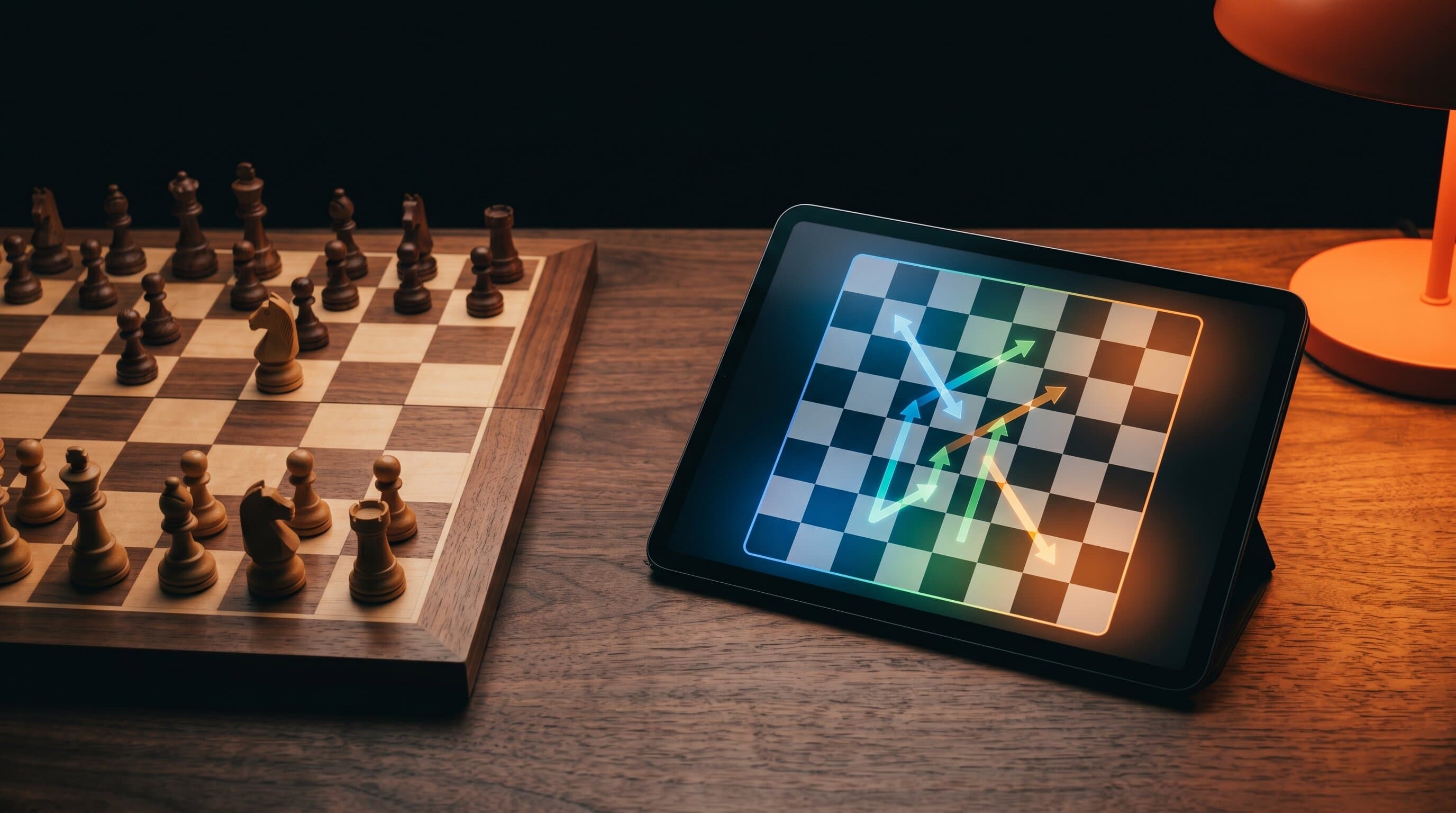 A tablet displaying chess opening trainer next to a wooden chess board lit by a warm desk lamp