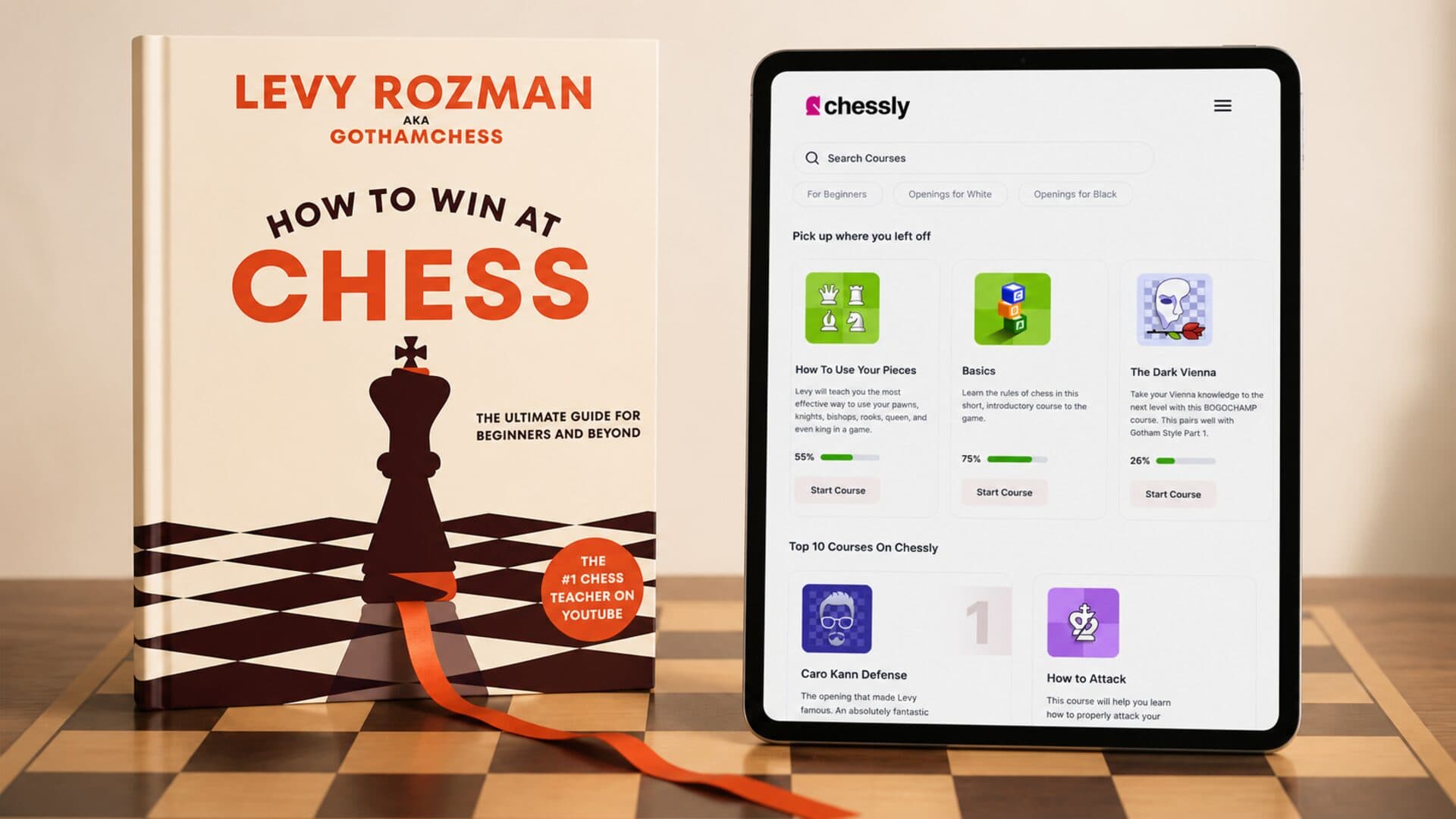 Levy Rozman's real How to Win at Chess book beside the real Chessly course interface, joined by its orange bookmark
