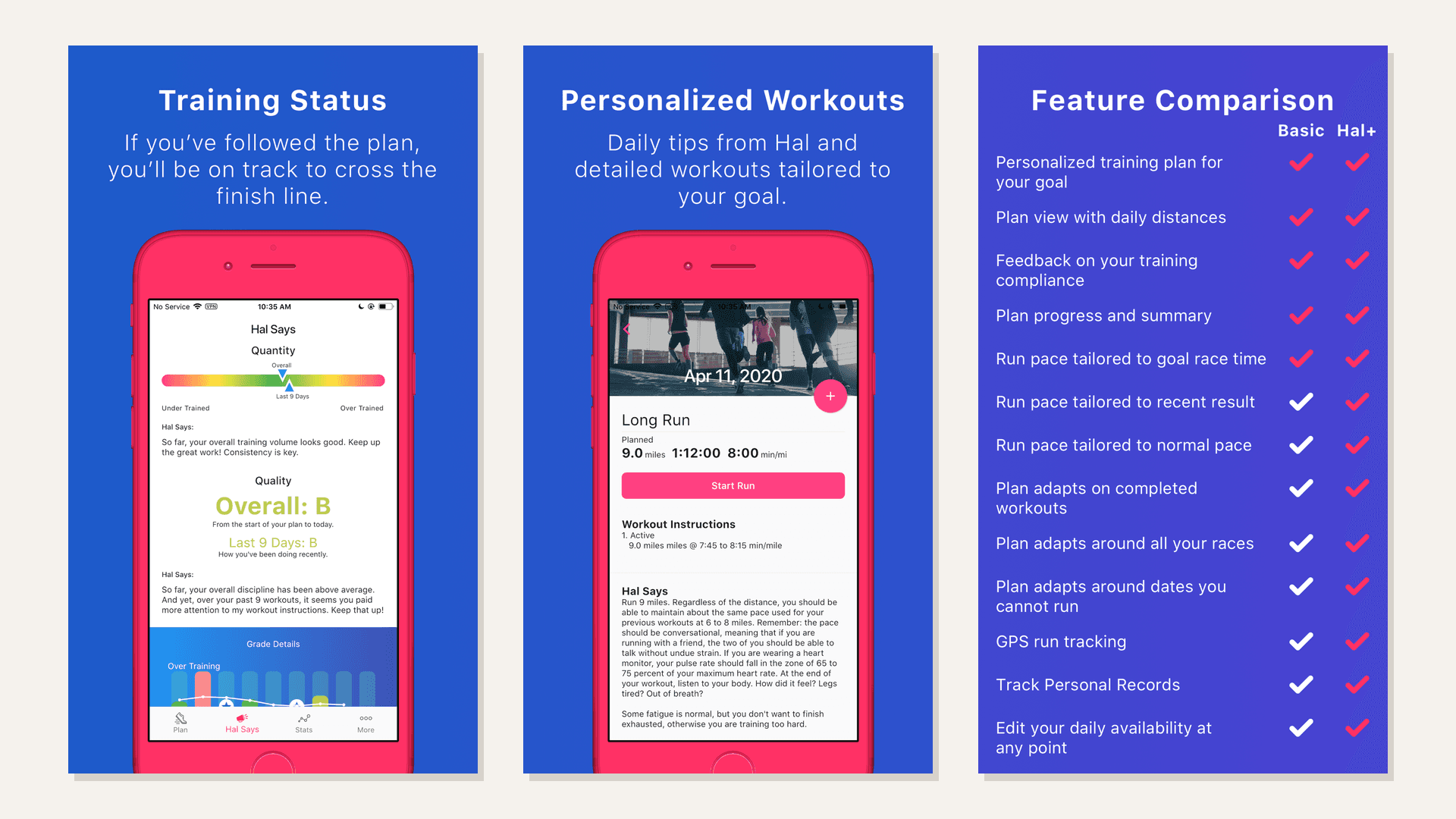 Three real App Store screenshots from Run With Hal: the Training Status screen grading the runner Overall B, a 9-mile long run with a Hal Says coaching note, and the Basic versus Hal+ feature comparison