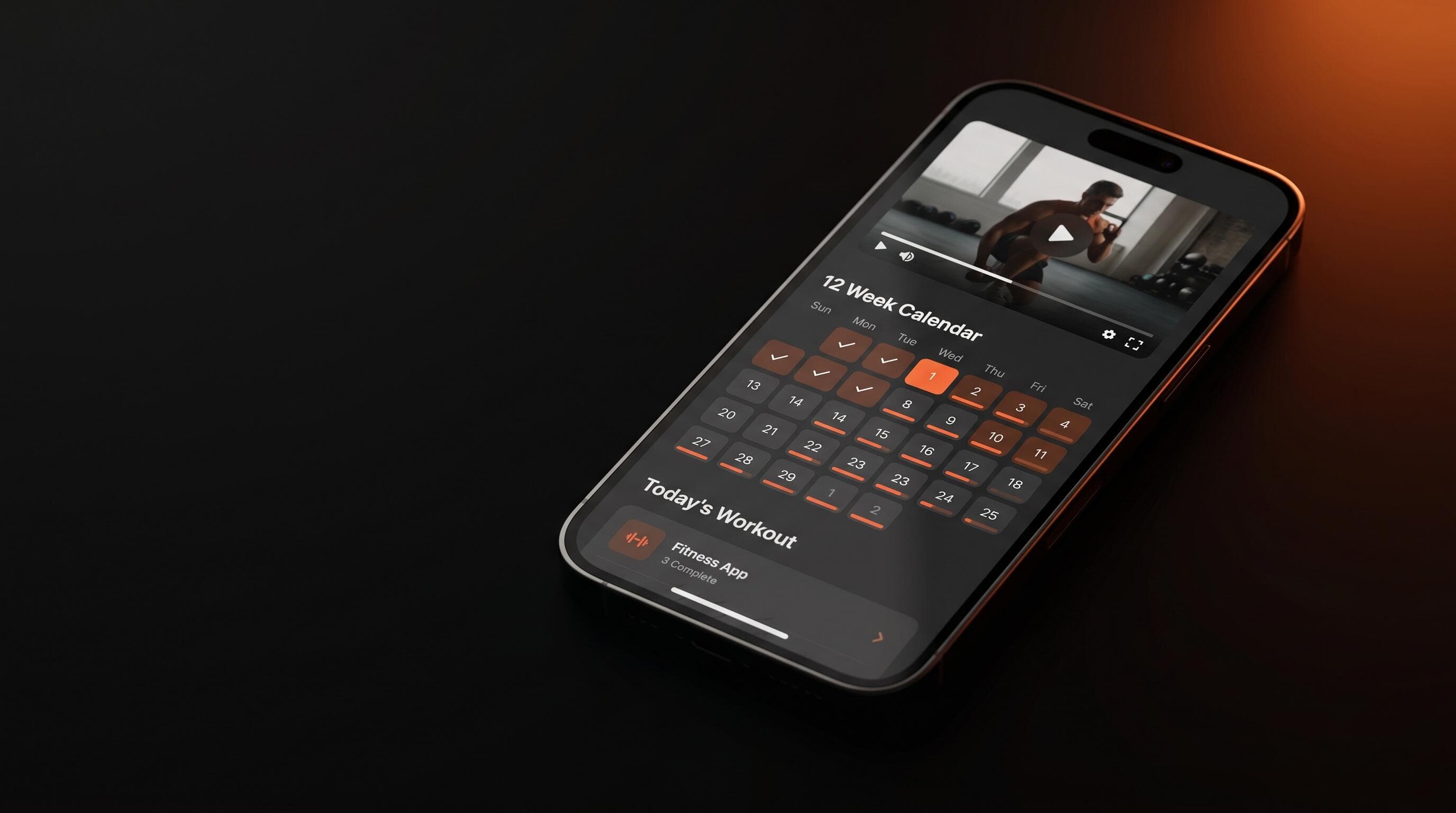 Phone mockup of a fitness creator subscription app showing a workout program, video player, and weekly progress calendar against a dark background