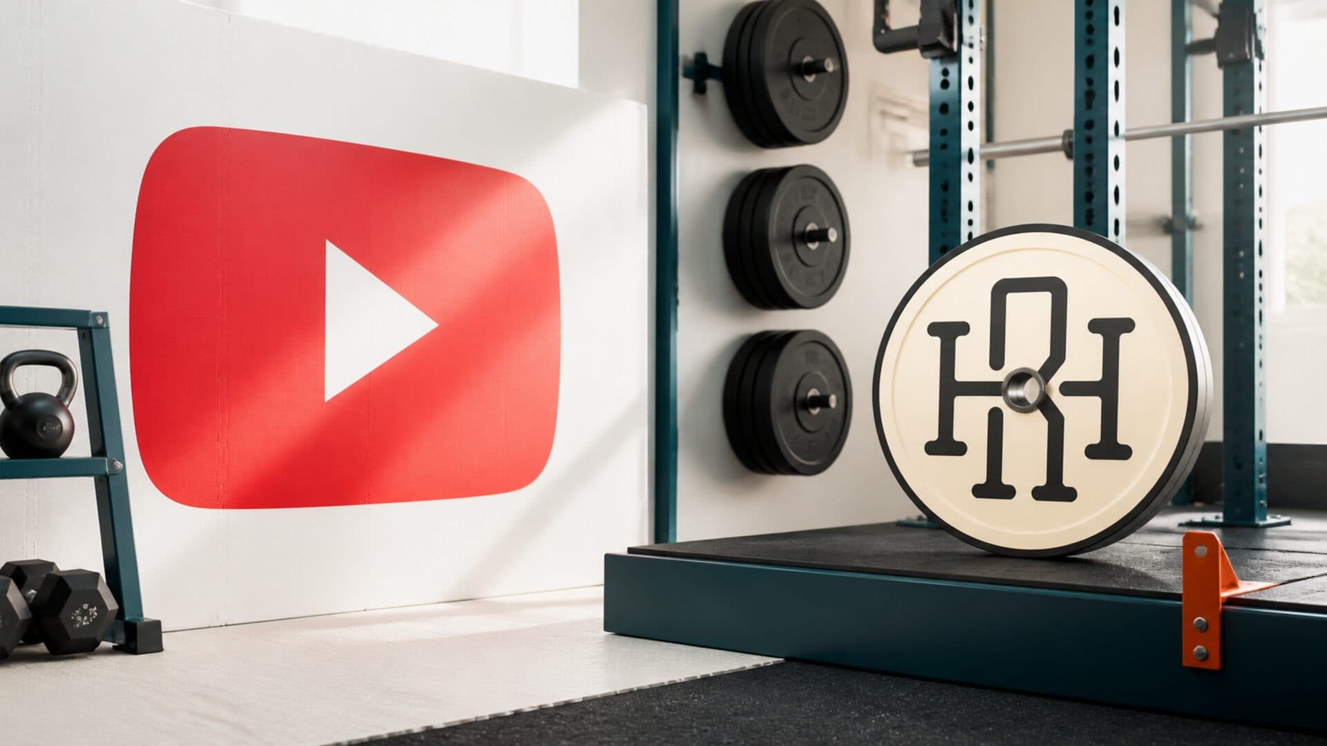 YouTube and Heather Robertson marks rendered as oversized training equipment in a bright gym